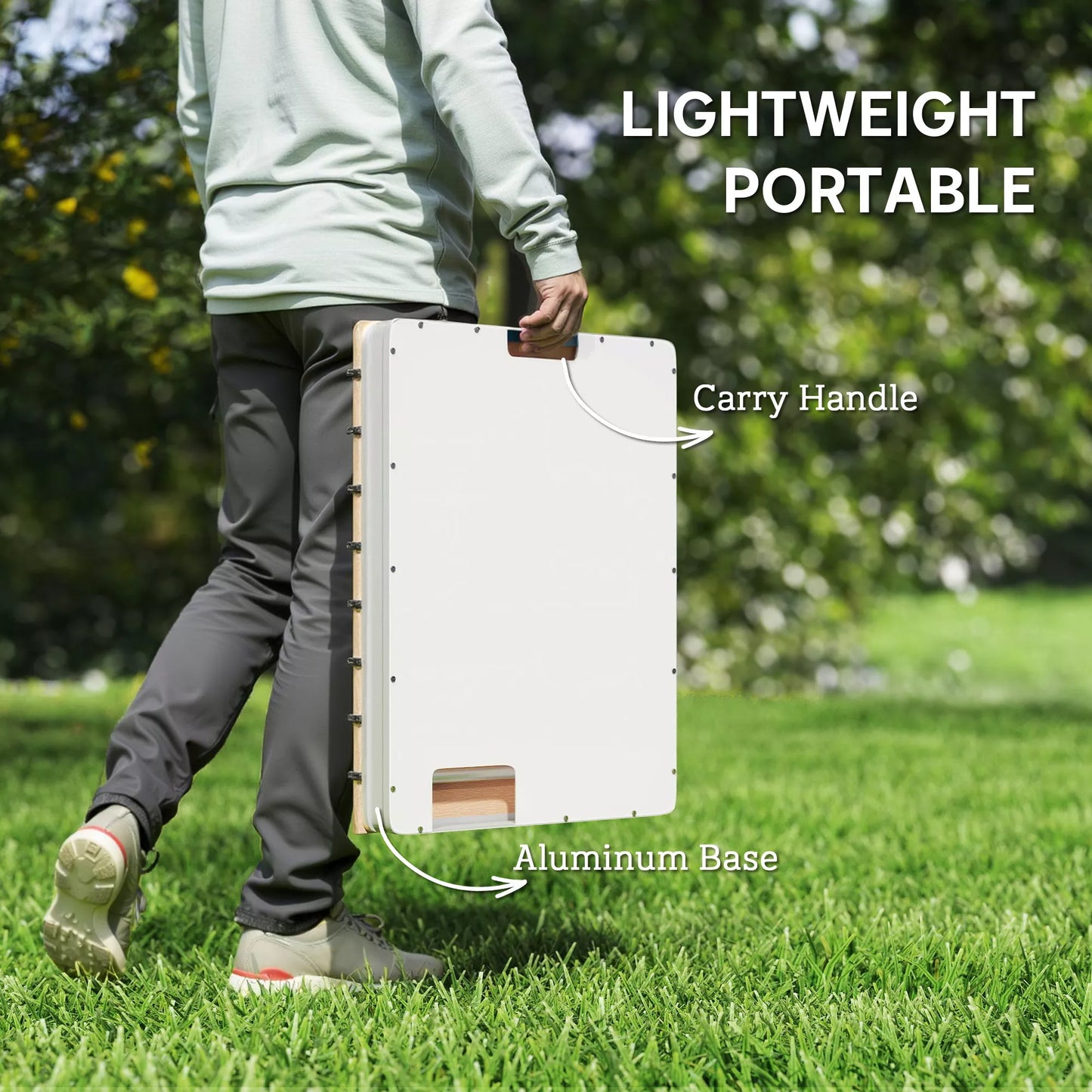 Sodo grindų dušas su reguliuojamu kojiniu pedalėliu, aliuminio, fontano aukštis iki 4 m, 70 x 55 cm, natūralaus medžio