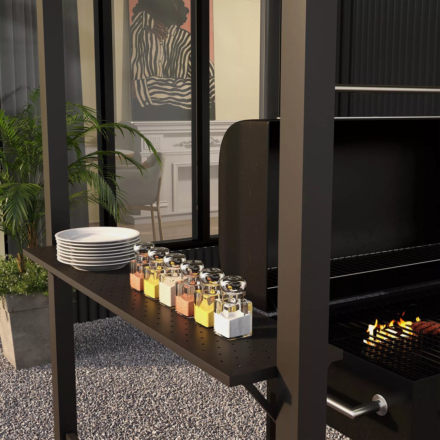 Grilio pavėsinė, 2 šoninės lentynos, kabliukai, plieninis rėmas, 1,1 x 2,3 m, chaki