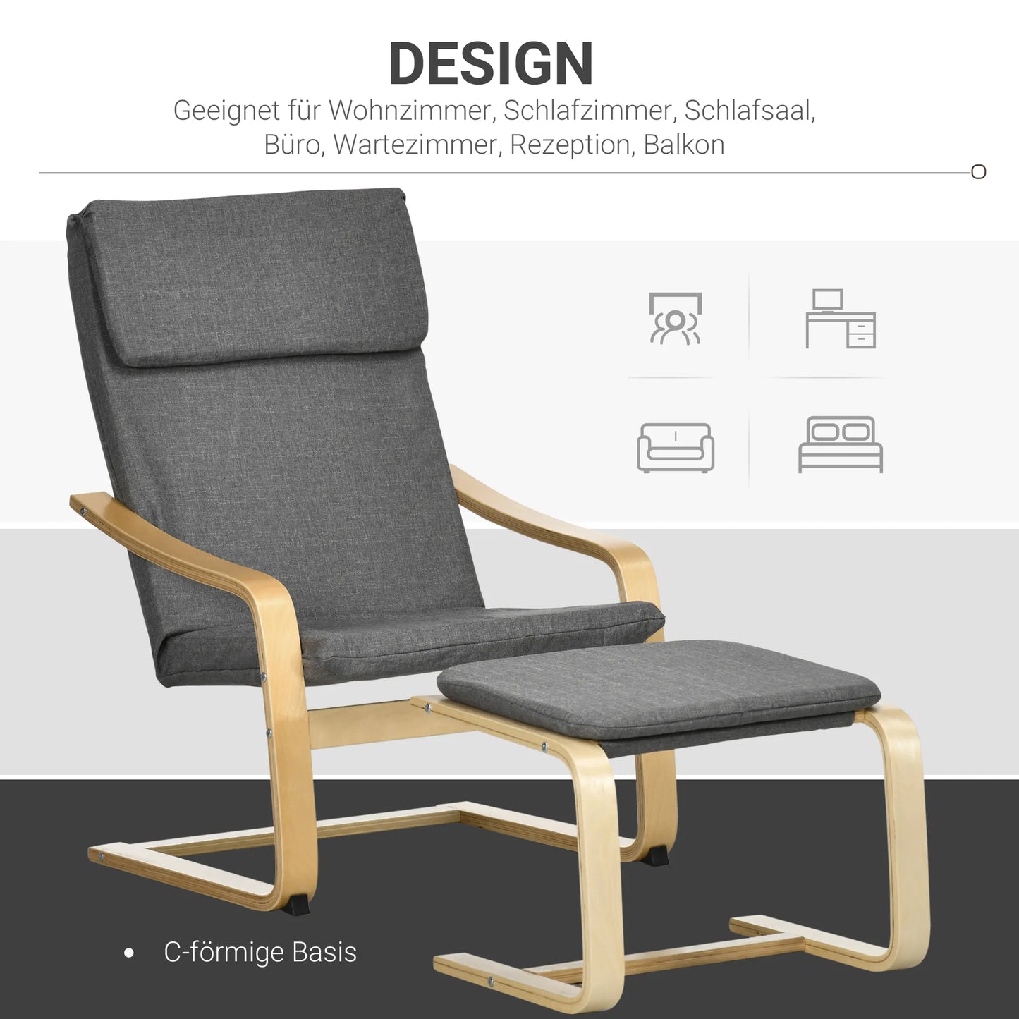 Fotelis su pakoja, fotelių komplektas, iki 120 kg, lininė išvaizda, tikra mediena, Pilka + Natūrali, 66,5 x 80 x 99 cm