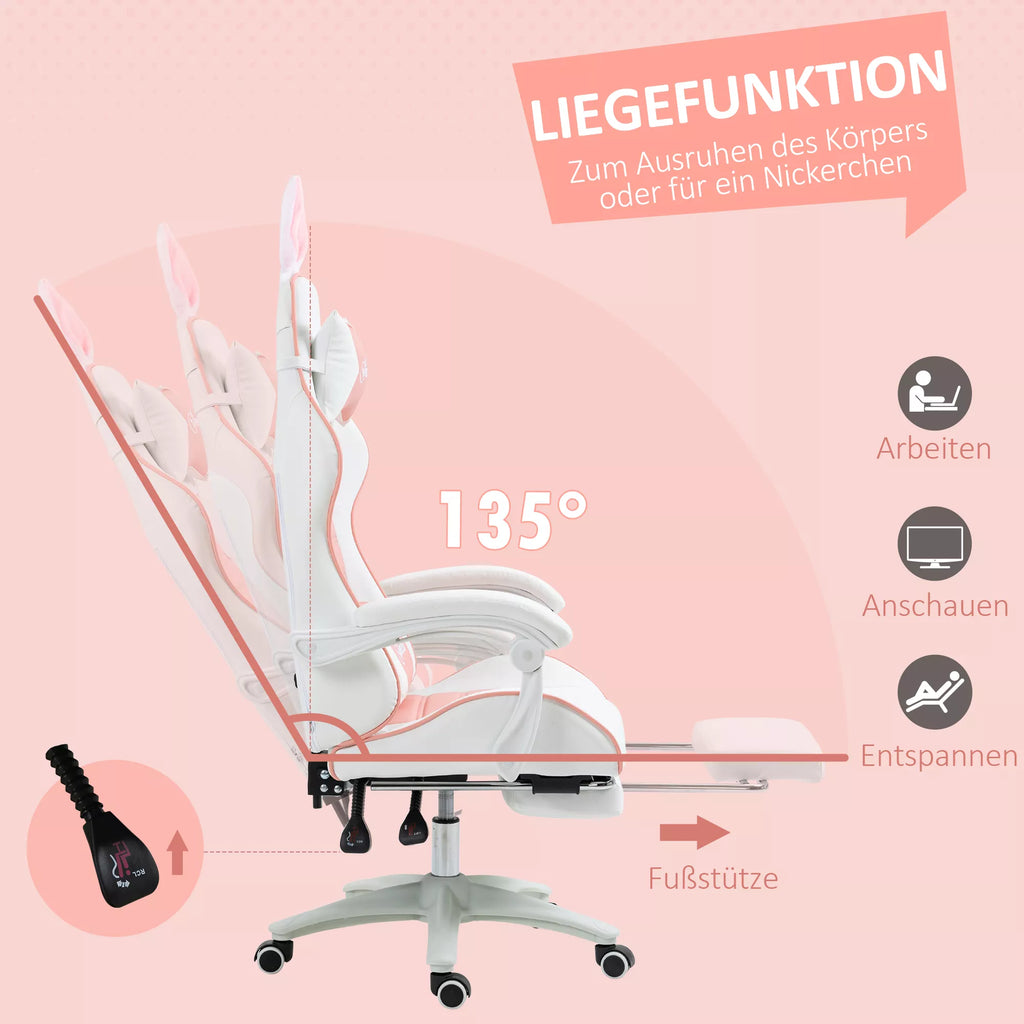 Žaidimų kėdė Ergonomiška žaidėjų kėdė su juosmens atrama, kojų atrama, triušio ausų pagalvėle, rožinė