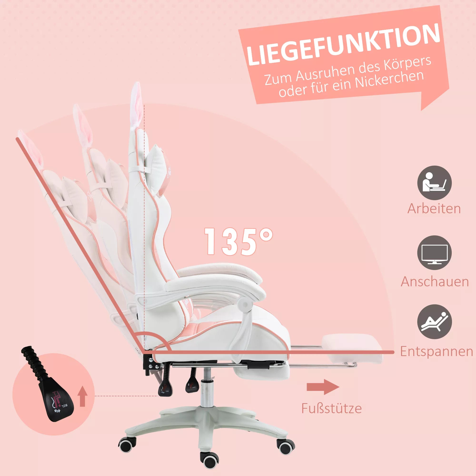 Žaidimų kėdė Ergonomiška žaidėjų kėdė su juosmens atrama, kojų atrama, triušio ausų pagalvėle, rožinė