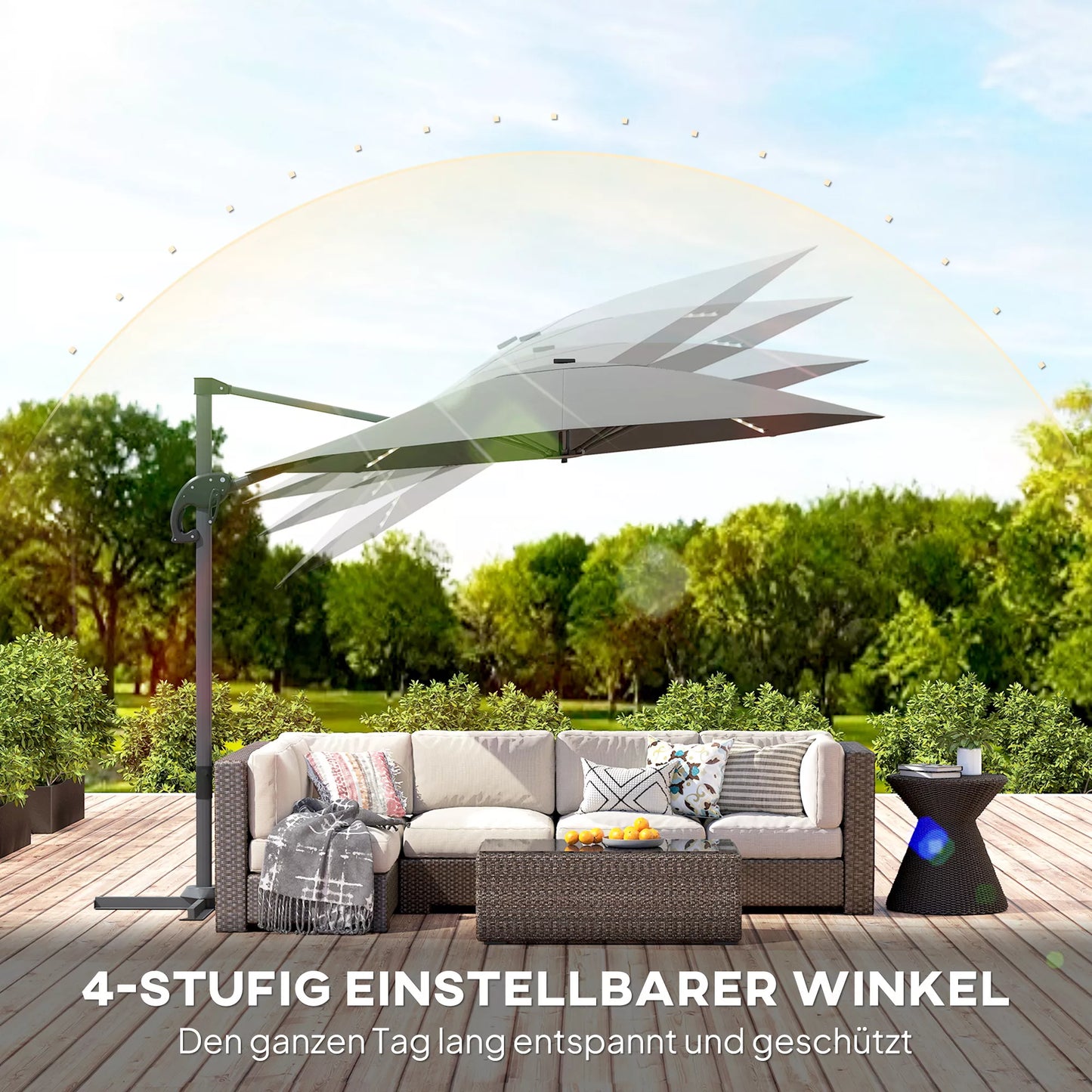 Alu Pastatomas skėtis su LED Saulės energija Ø300 cm, reguliuojamo aukščio, su rankenėle, UV50+ tamsiai pilkos spalvos