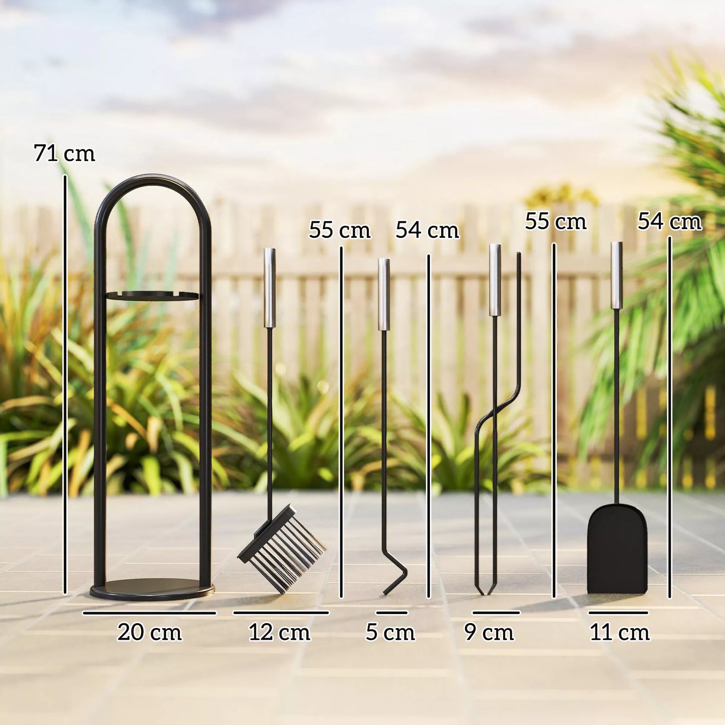 5 dalių židinio įrankių rinkinys, židinio priedai su šluota, kastuvu, semtuvėliu, žnyplėmis ir stovu