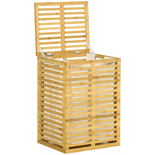 Bambuko skalbinių krepšys su 63 L skalbinių surinktuvu su dangčiu, skalbinių maišas, strypas 44 x 37 x 62,5 cm natūralaus medžio