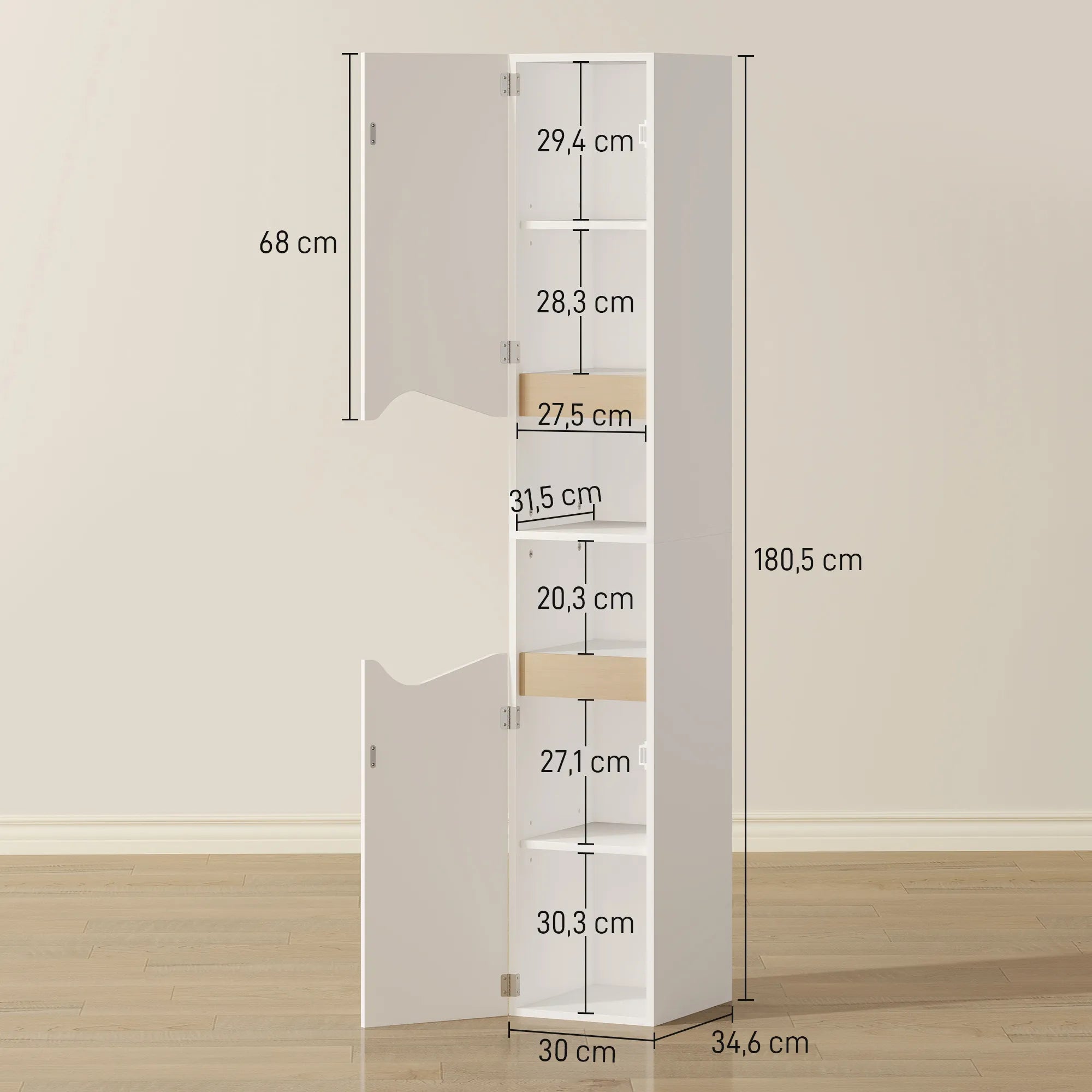 Badezimmerschrank, aukšta spintelė su lentynomis, 30 x 34,6 x 180,5 cm, balta