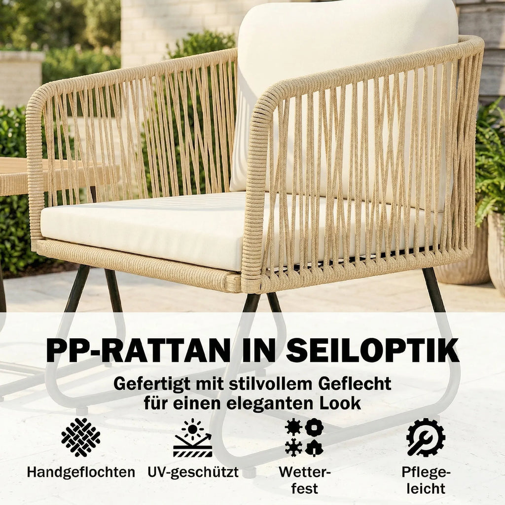 Balkono baldų komplektas 3 dalių, su dviem foteliais ir poliratanas, akacijos medienos staliuku, kreminės spalvos