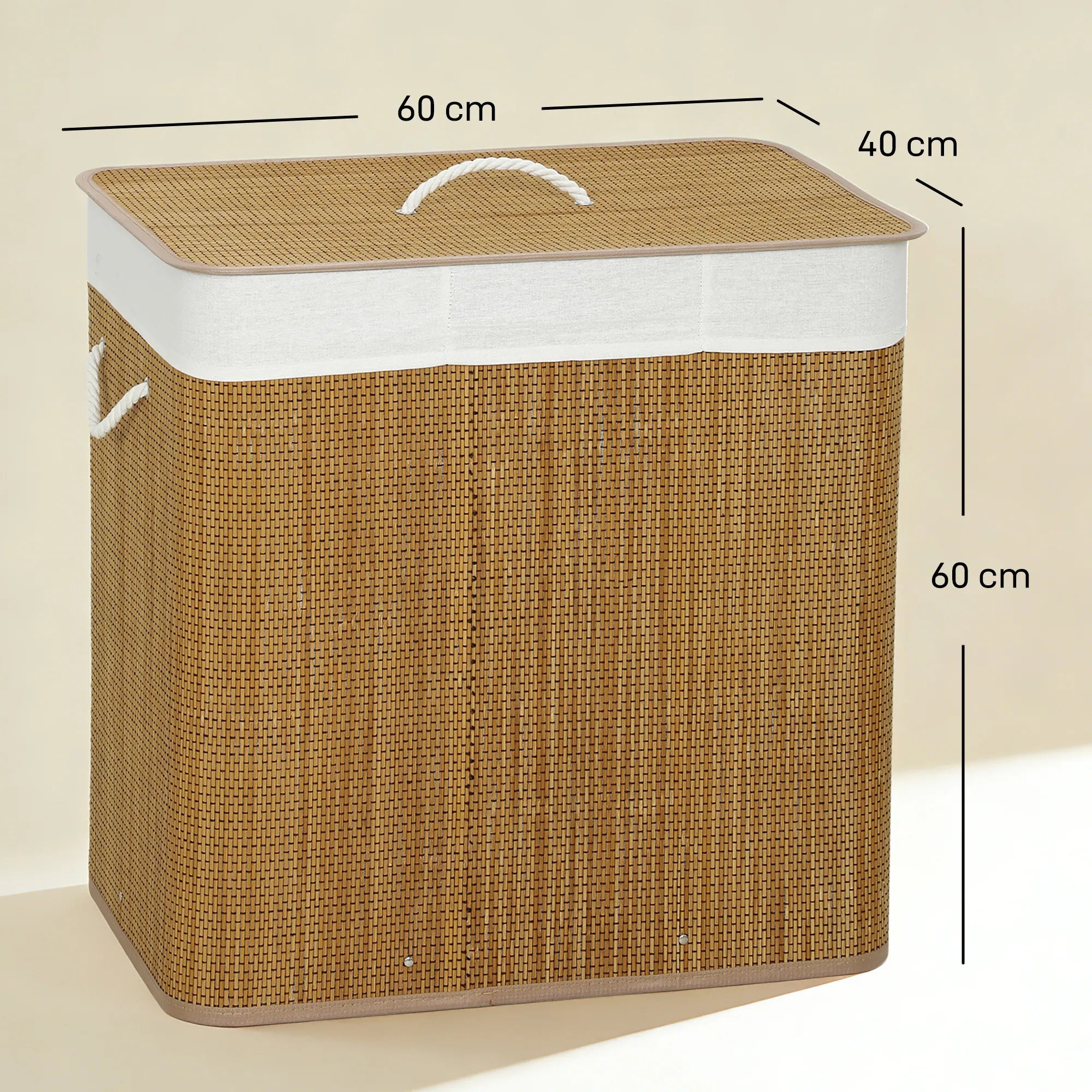 Matmenų schema: krepšio ilgis 60 cm, plotis 40 cm, aukštis 60 cm