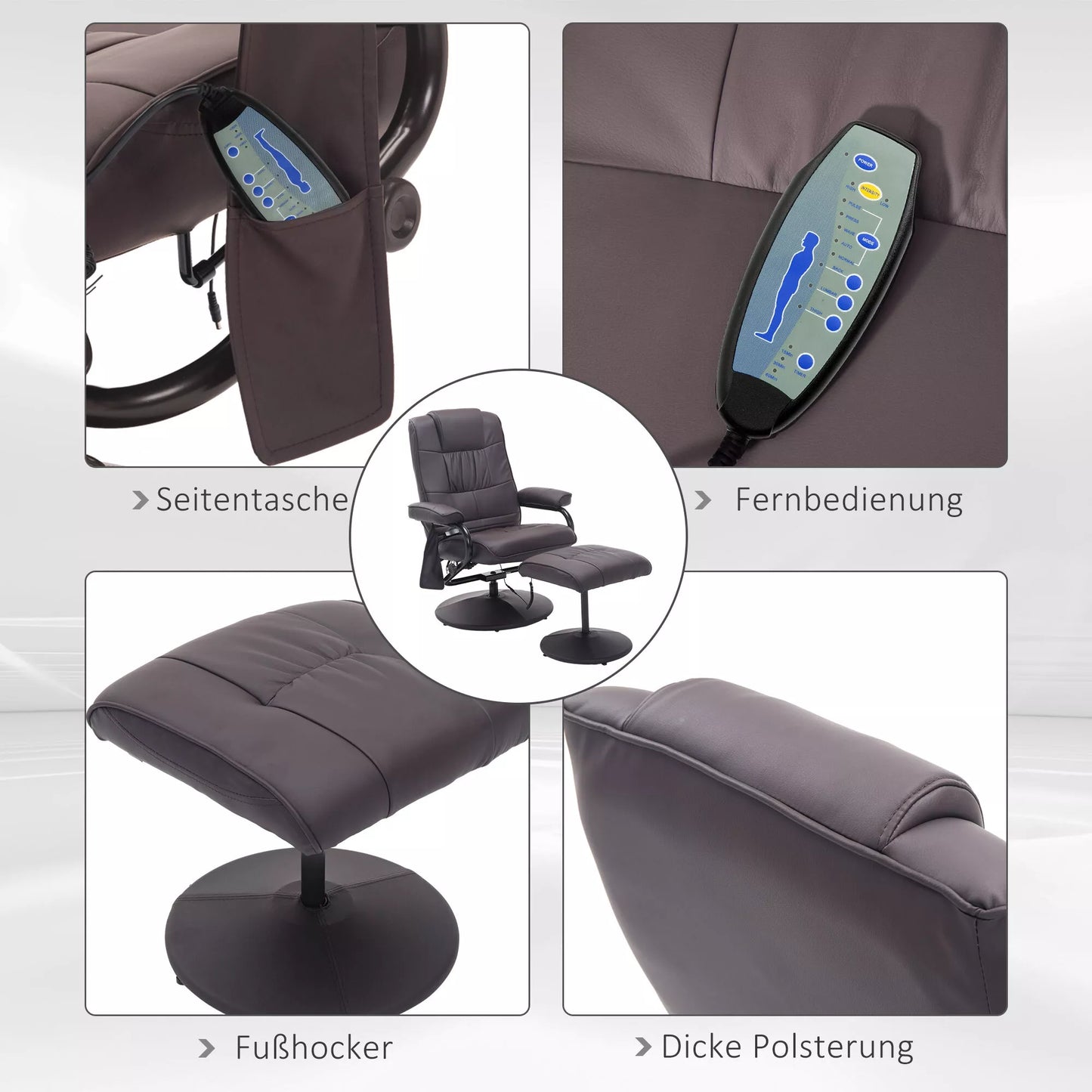 Masažinė kėdė, relaksacinė kėdė, su pakoja, 10 vibracijos taškų, 1 nuotolinio valdymo pultelis; 77 cm x 84 cm x 95 cm, ruda