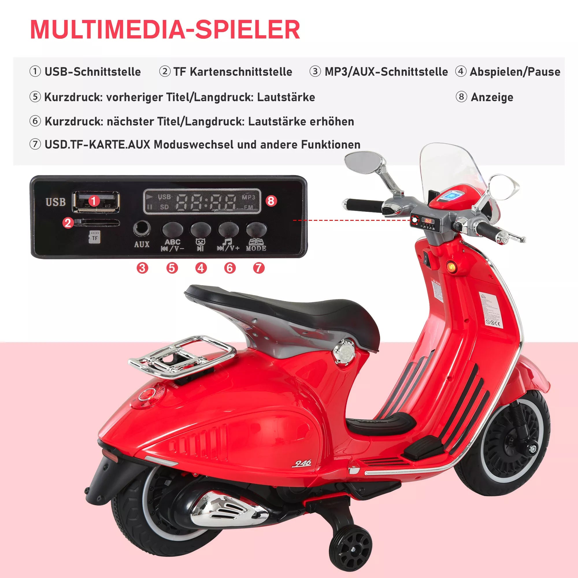 Elektrinis vaikų motociklas Elektrinis motociklas su MP3, muzika, žibintais, priekinės ir atbulinės eigos pavaromis, elektrinis motociklas vaikams nuo 3 iki 6 metų, raudonas