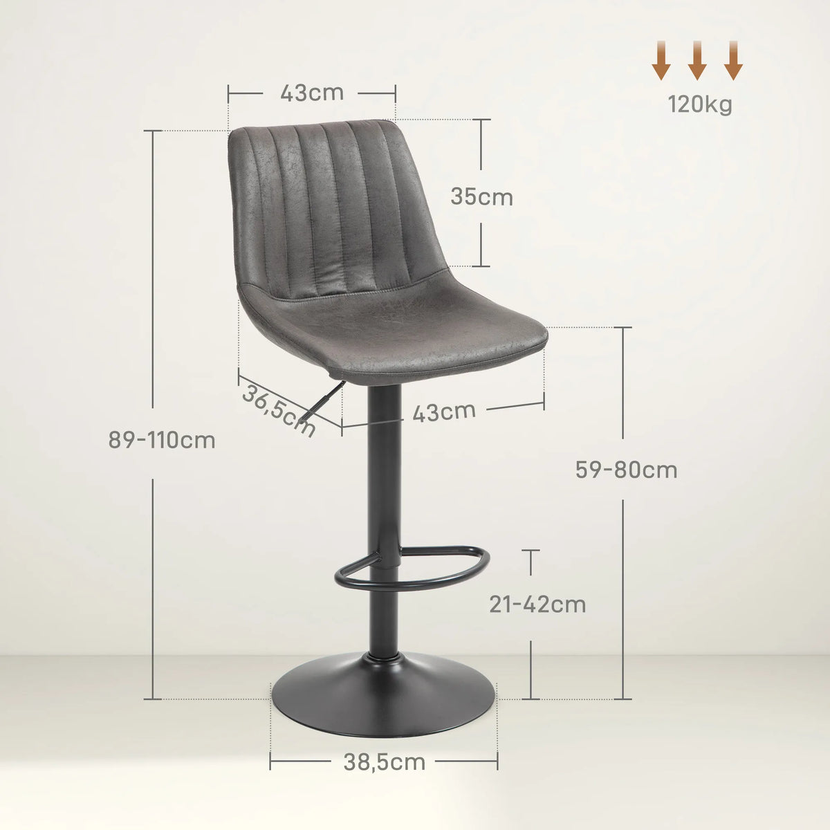 Baro ir pusbario kėdės, 2 vnt., 59–80 cm, tamsiai pilkos
