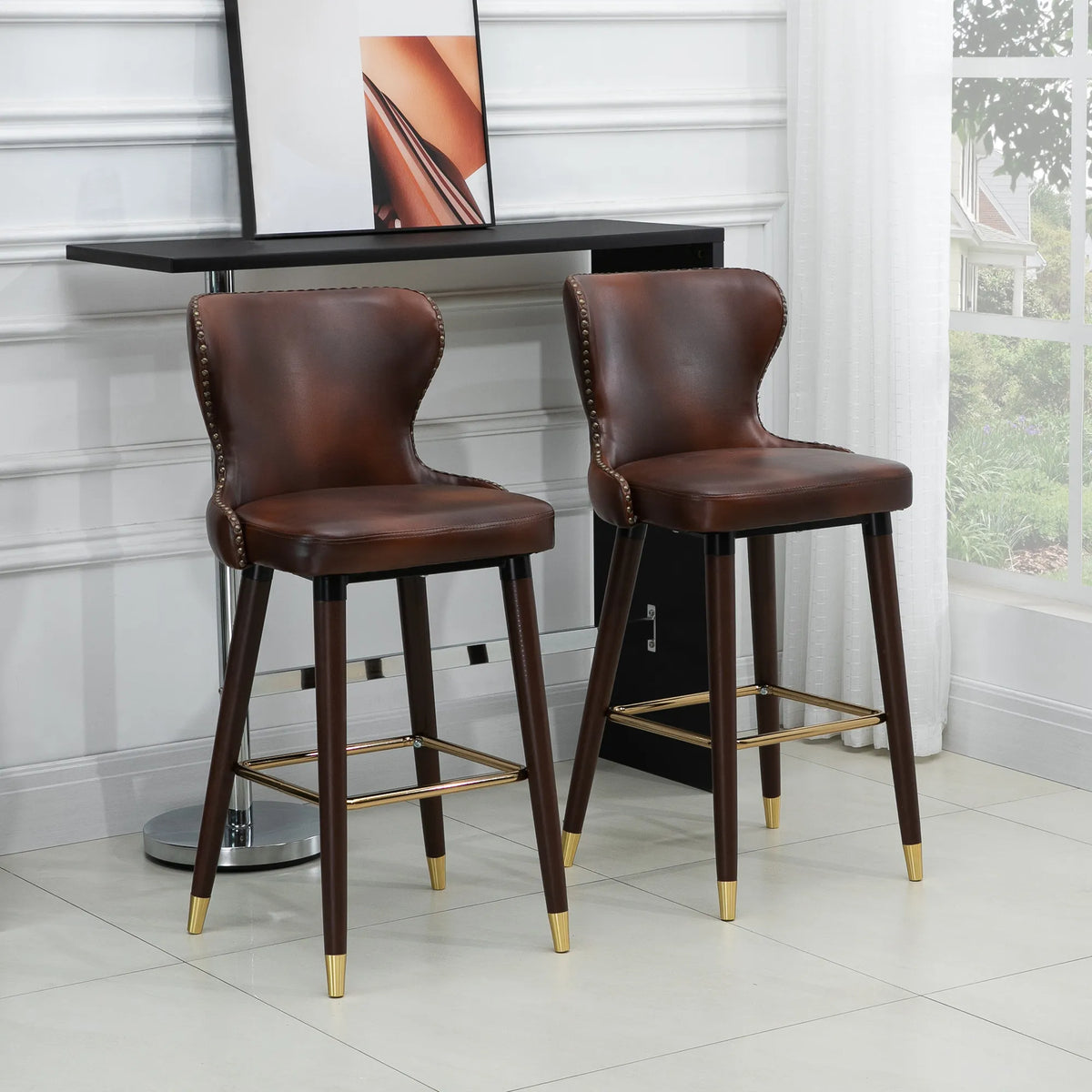 Baro kėdės, 2 vnt., su kojų atrama, 71 cm, rudos