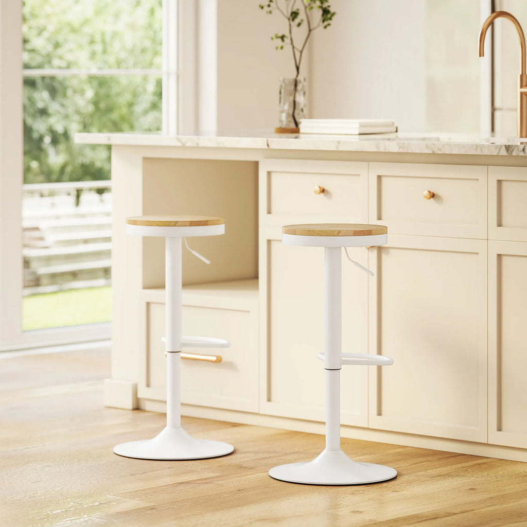 Baro kėdės 2 vnt. su reguliuojamu aukščiu natūralaus medžio ir balto plieno
