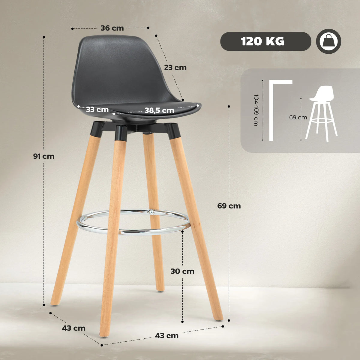 Schema su kėdės matmenimis: aukštis 91 cm, sėdynės plotis 38,5 cm, apkrova 120 kg