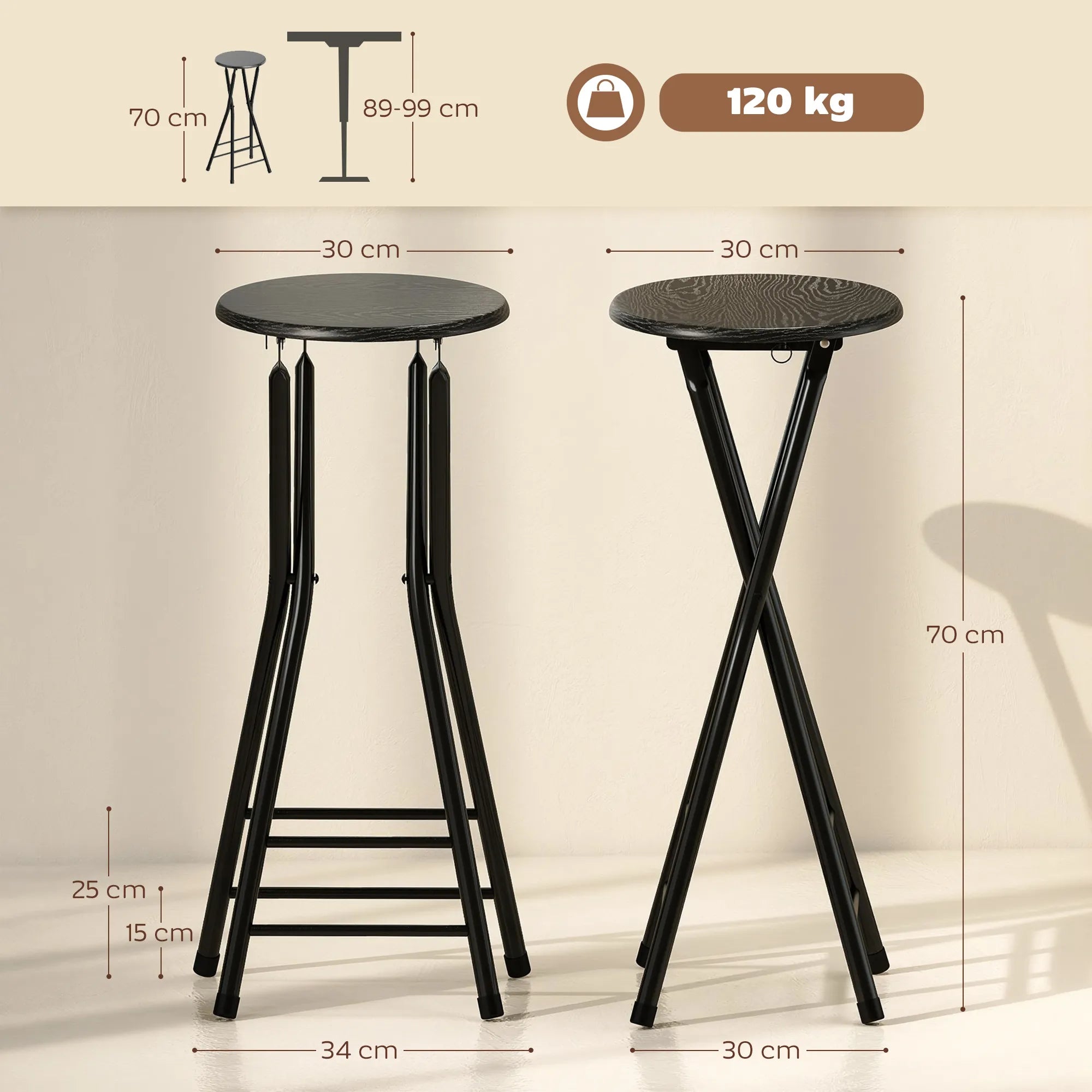 Baro kėdės, sulankstomos, metalinis rėmas, 2 vnt., juodos, iki 120 kg