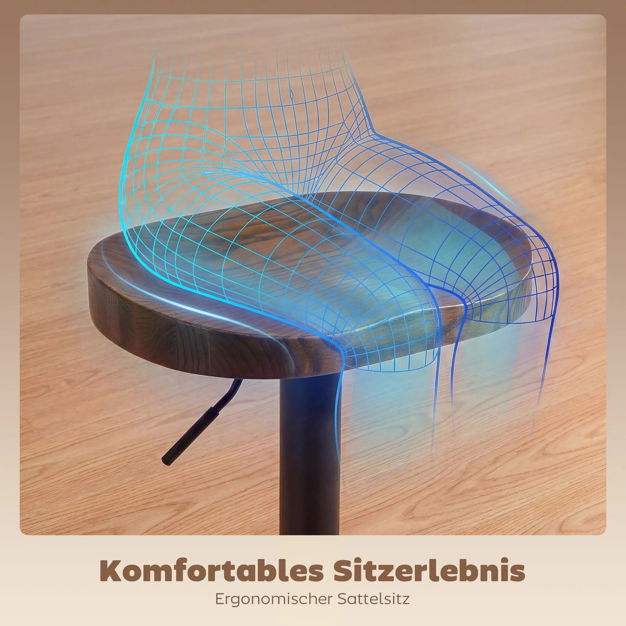 Iš arti matomas guobos medienos sėdynės ergonomiškas balno formos paviršius