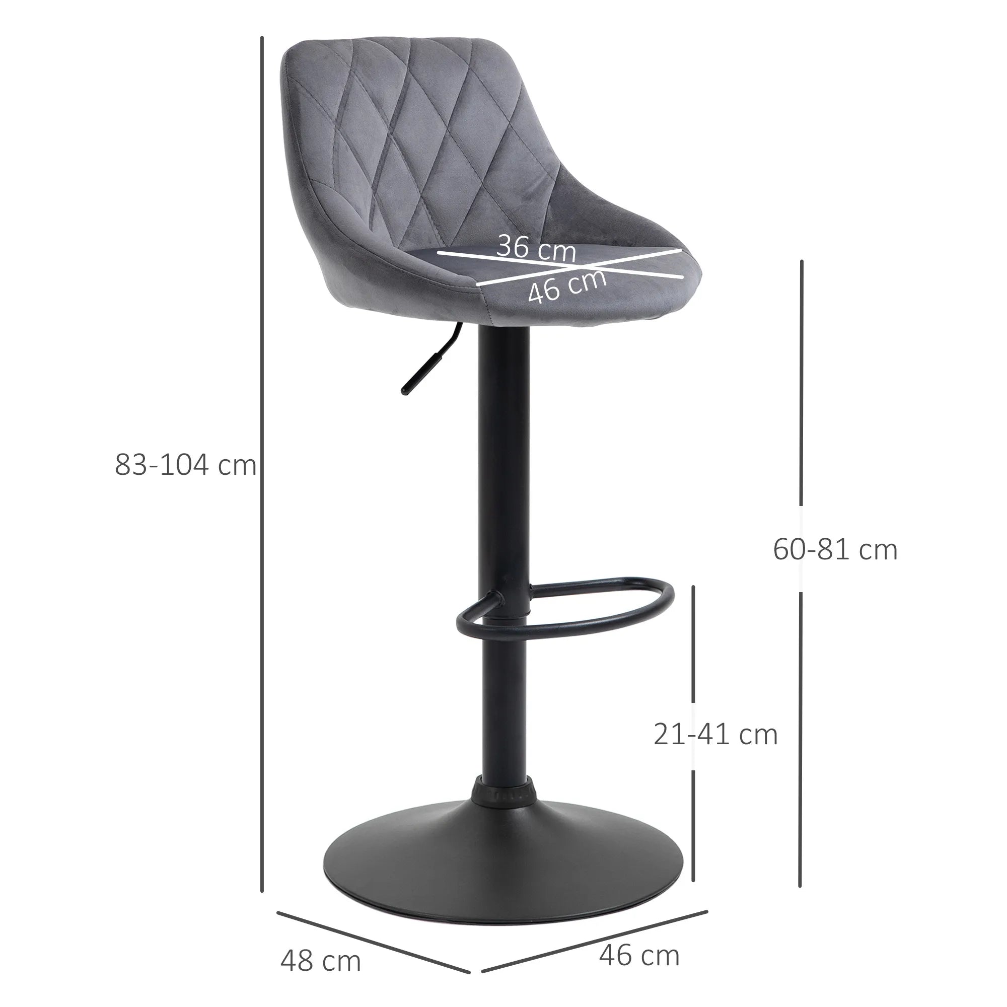 Kėdės matmenų schema: aukštis 83–104 cm, sėdynės plotis 48 cm