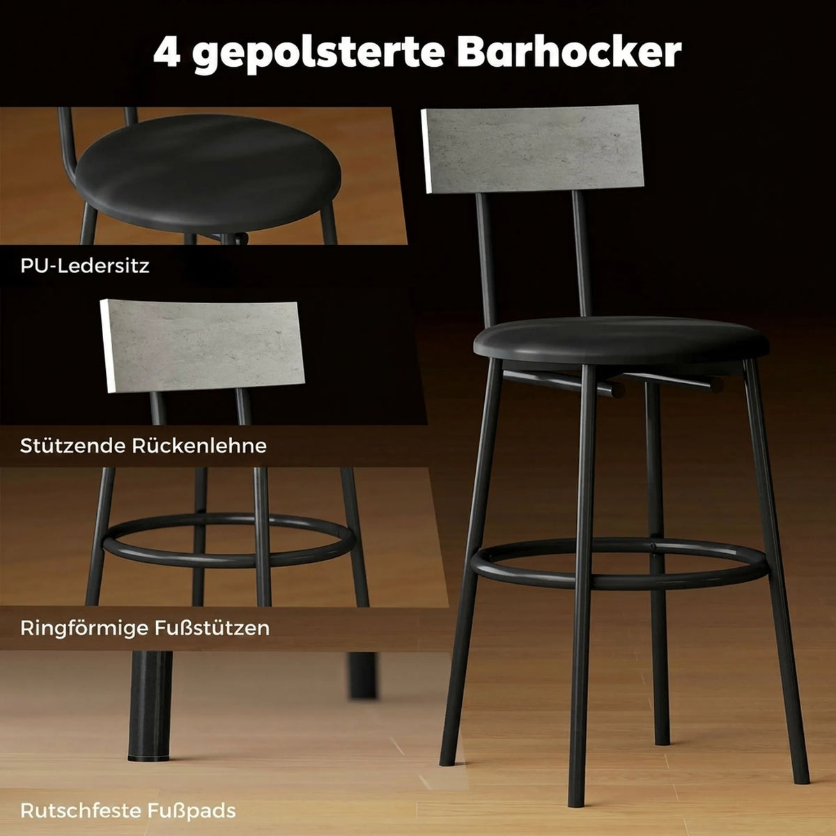 Infografika su baro kėdės sėdynės ir pagrindo detalėmis