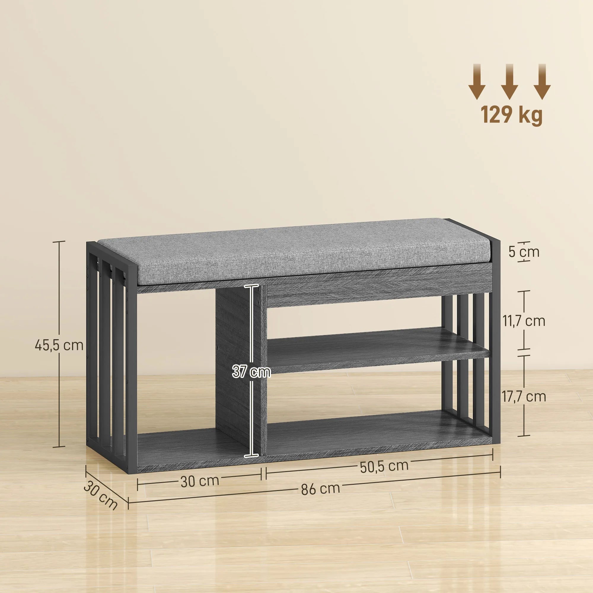 Batų lentyna su suoliuku, 3 lentynų, iki 120 kg, pilka