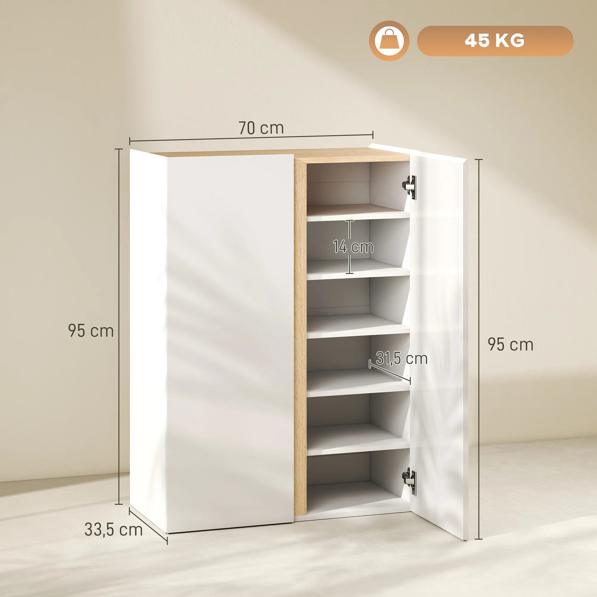 Batų spintelė medinė 70 cm su 6 lentynomis balta