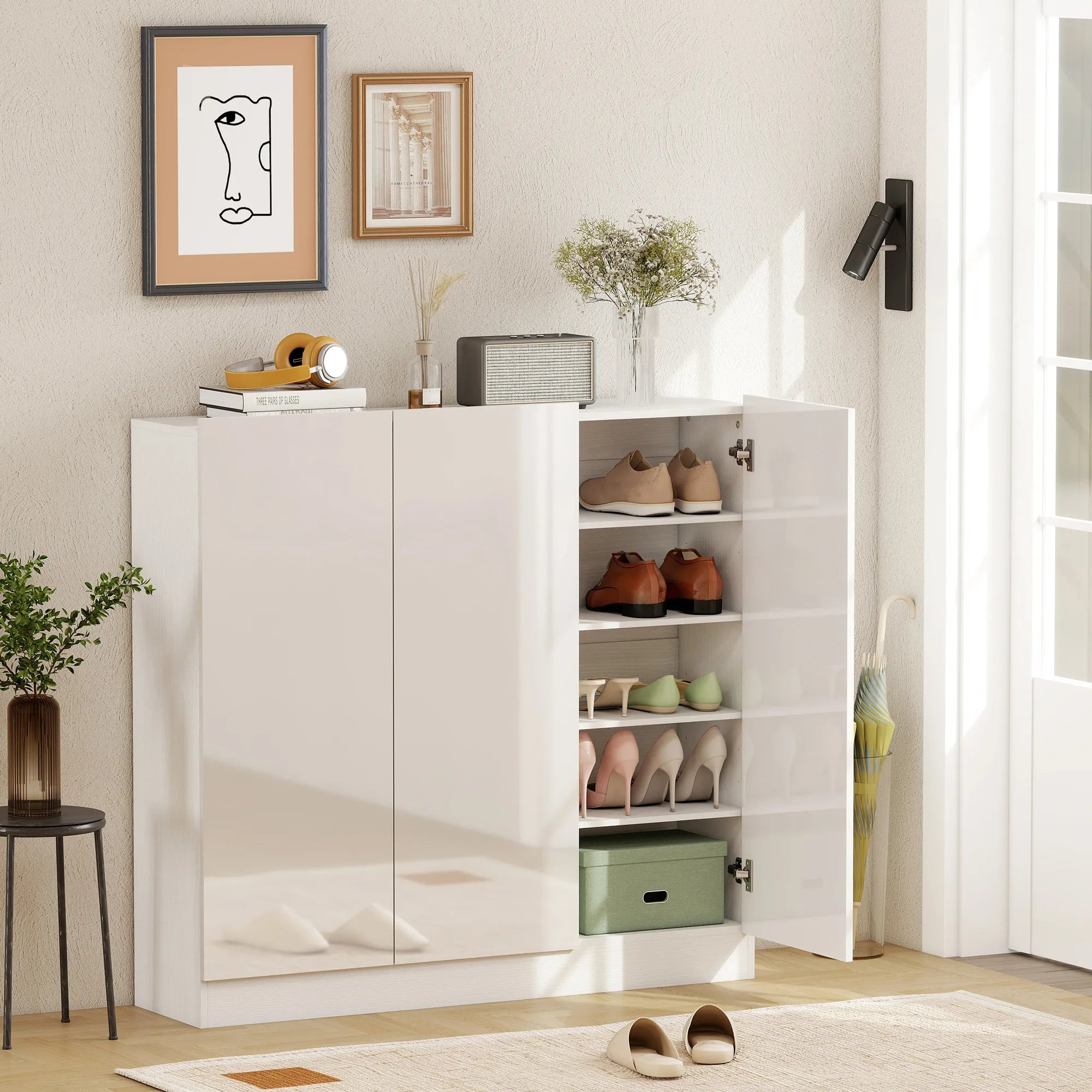 Batų spintelė su 10 lentynų batams, balta