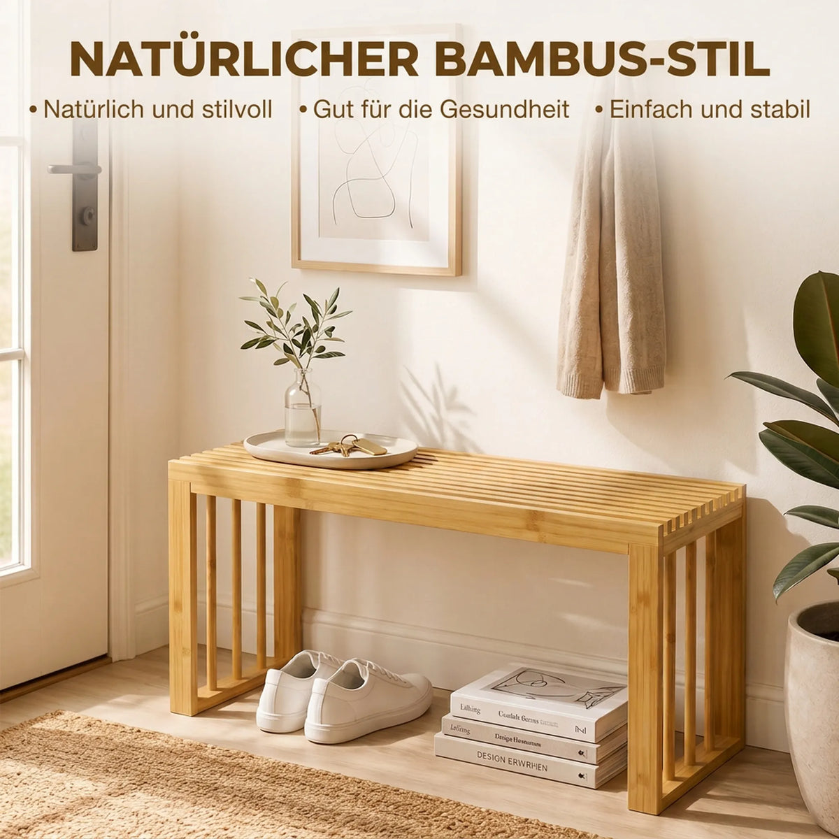 Batų suoliukas iš bambuko, 90 cm, natūralios spalvos