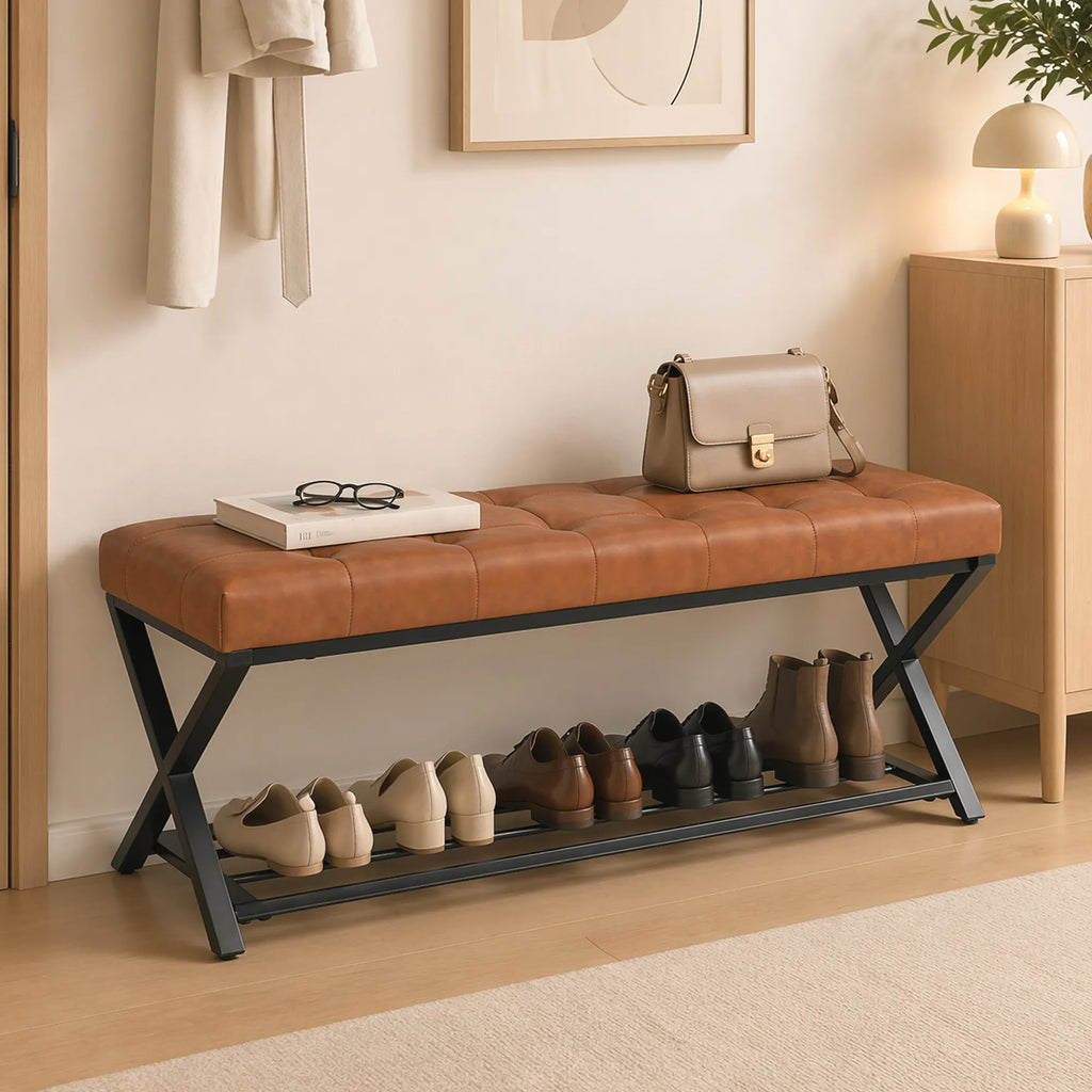 Batų suoliukas su dirbtinės odos sėdyne, 112 × 37 × 47 cm, rudas