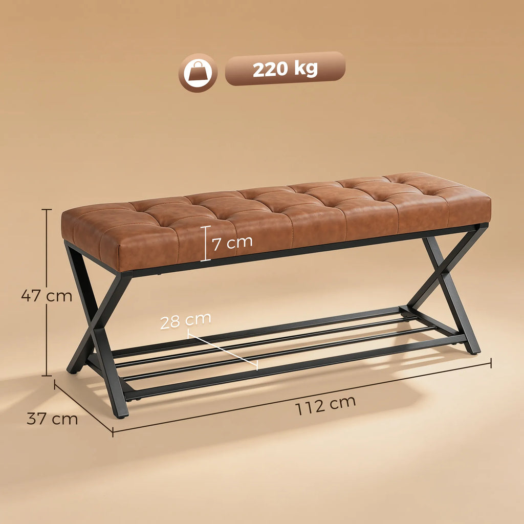 Batų suoliukas su dirbtinės odos sėdyne, 112 x 37 x 47 cm, rudas