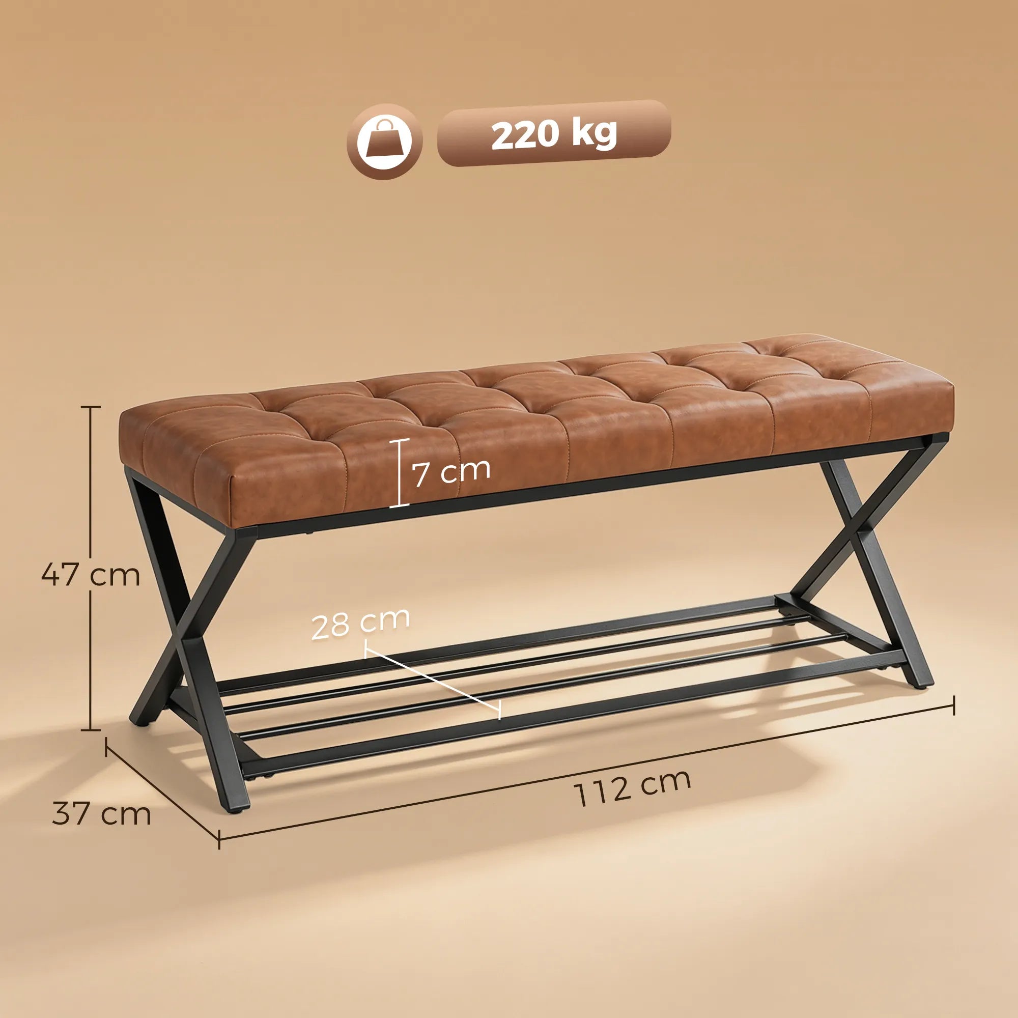 Batų suoliukas su dirbtinės odos sėdyne, 112 x 37 x 47 cm, rudas
