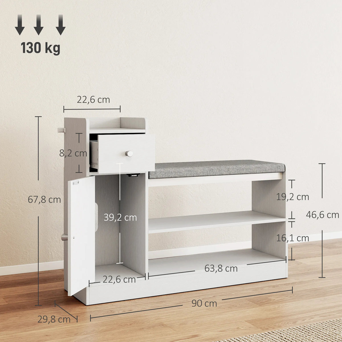Suoliuko matmenų schema centimetrais su nurodytu 130 kg apkrovimu