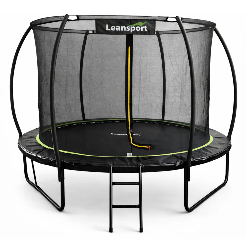 Batutas Leansport, 135 cm, su apsauginiu tinklu, kopėčiomis ir šuolių centru, juodas