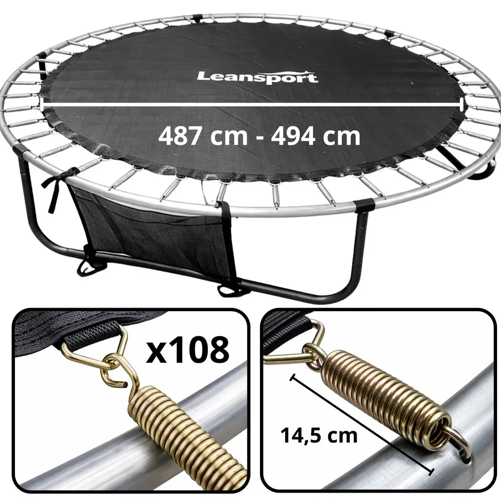 Batutas Leansport, 487–494 cm, su apsauginiu tinklu, kopėčiomis ir 108 spyruoklėmis, juodas