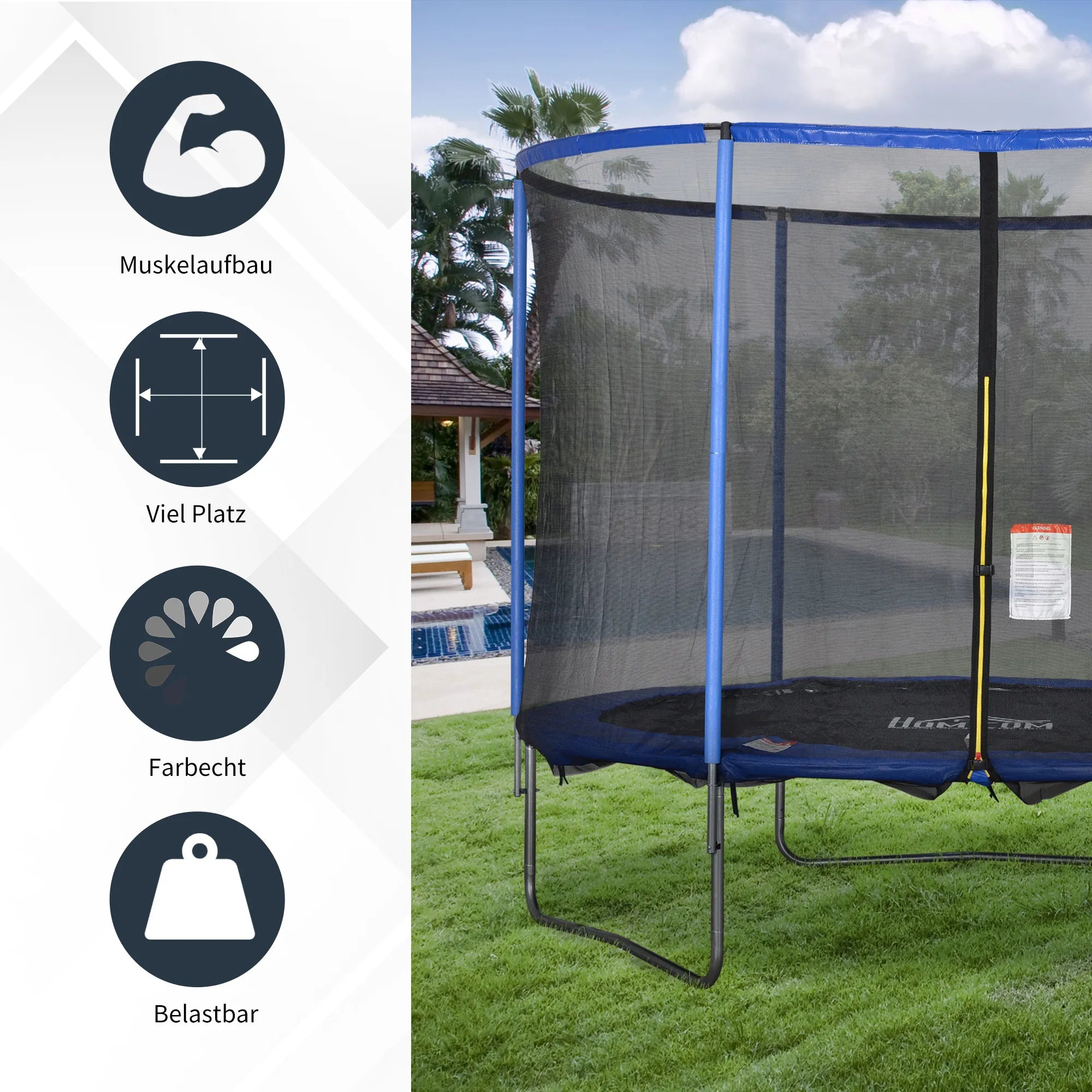 Batutas su apsauginiu tinklu Sodo batutas, skirtas naudoti viduje ir lauke Fitneso batutas paaugliams ir suaugusiems Plieninis Mėlynas + juodas iki 113,6 kg Ø305 x 248H cm