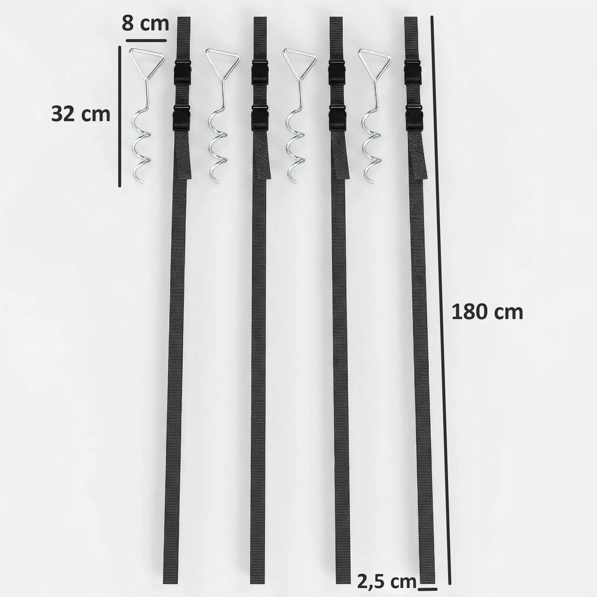Batuto ankeriai 4 vnt. rinkinys 32 cm, spiraliniai tvirtinimo kuolai su diržais, sidabriniai
