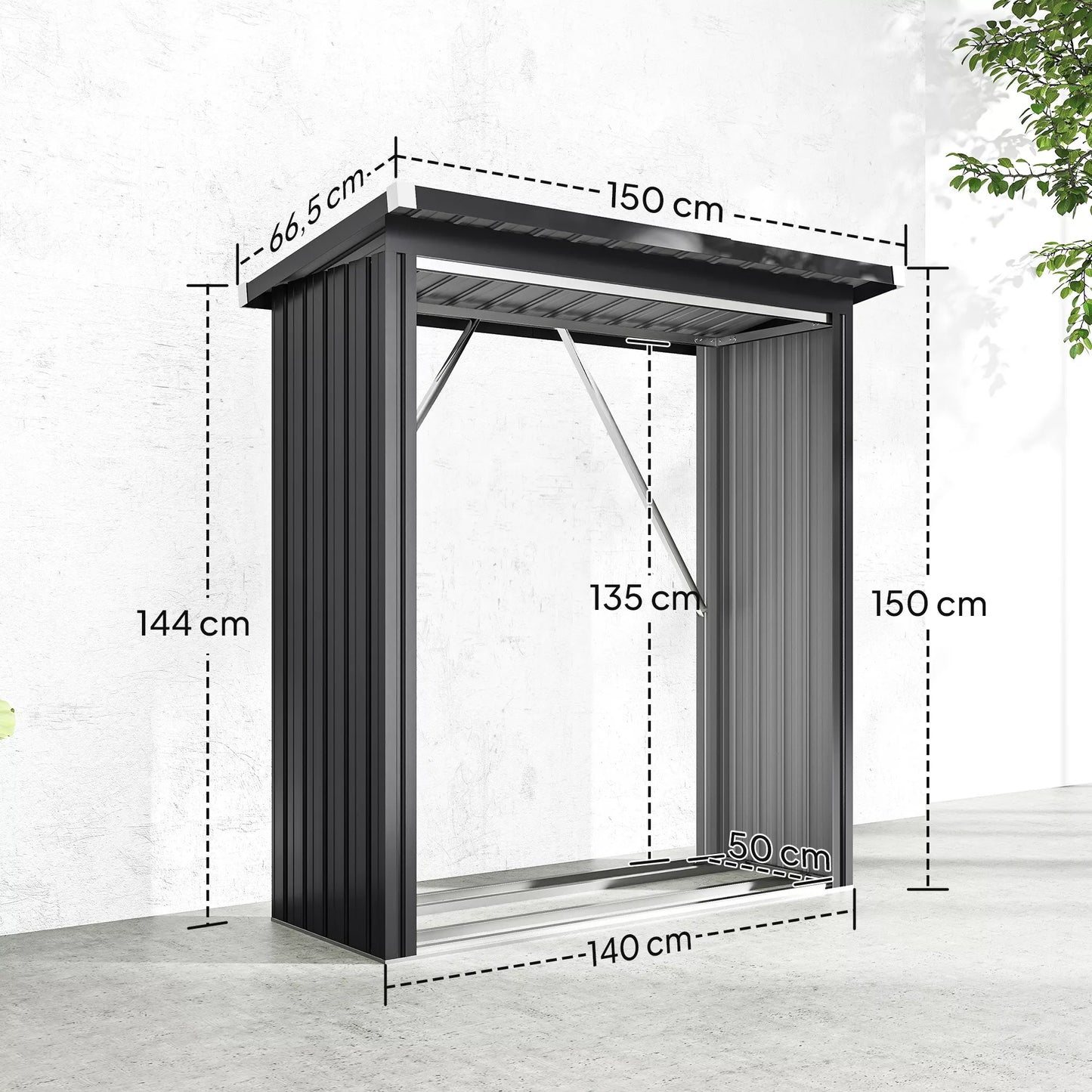 Malkinė, malkų stoginė, plienas, paaukštintos grindys, šlaitinis stogas, 150 x 66,5 x 150 cm, tamsiai pilka