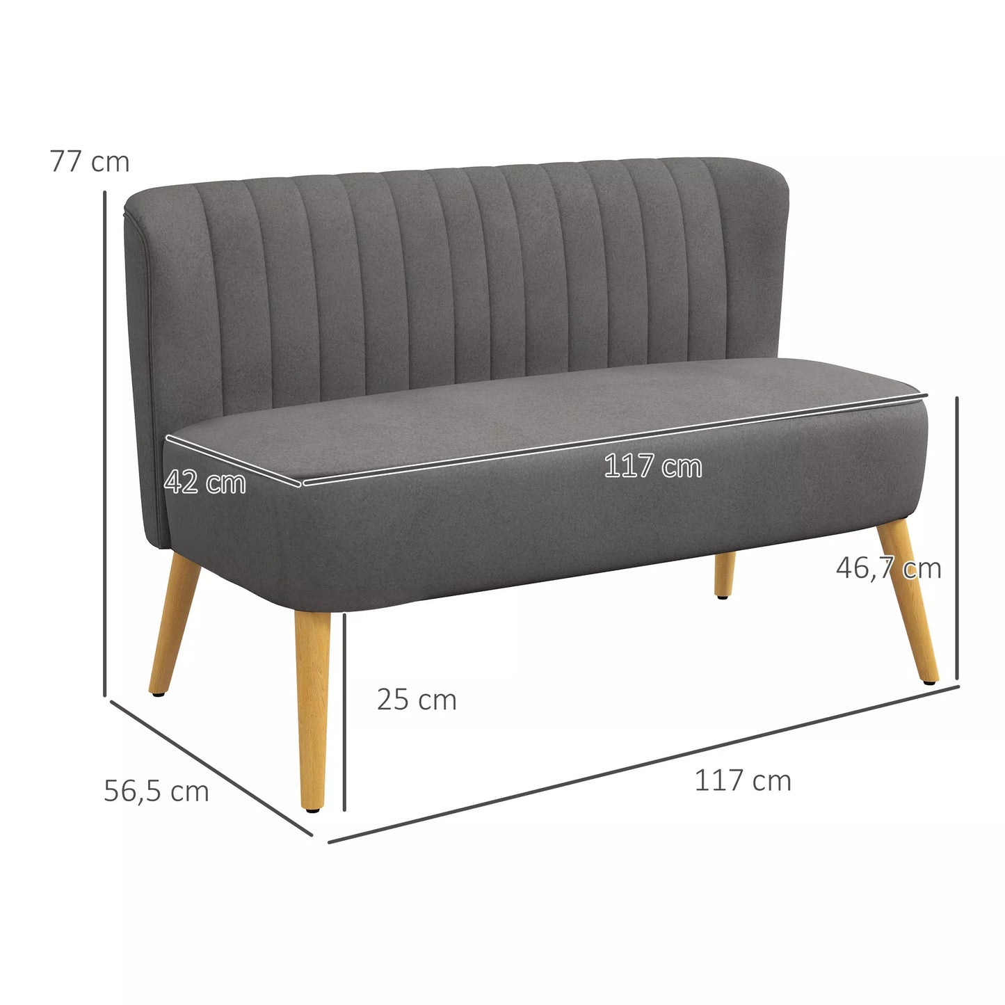 Retro dizaino 2 vietų sofa, medinės kojelės, 117 cm x 56,5 cm x 77 cm, tamsiai pilka