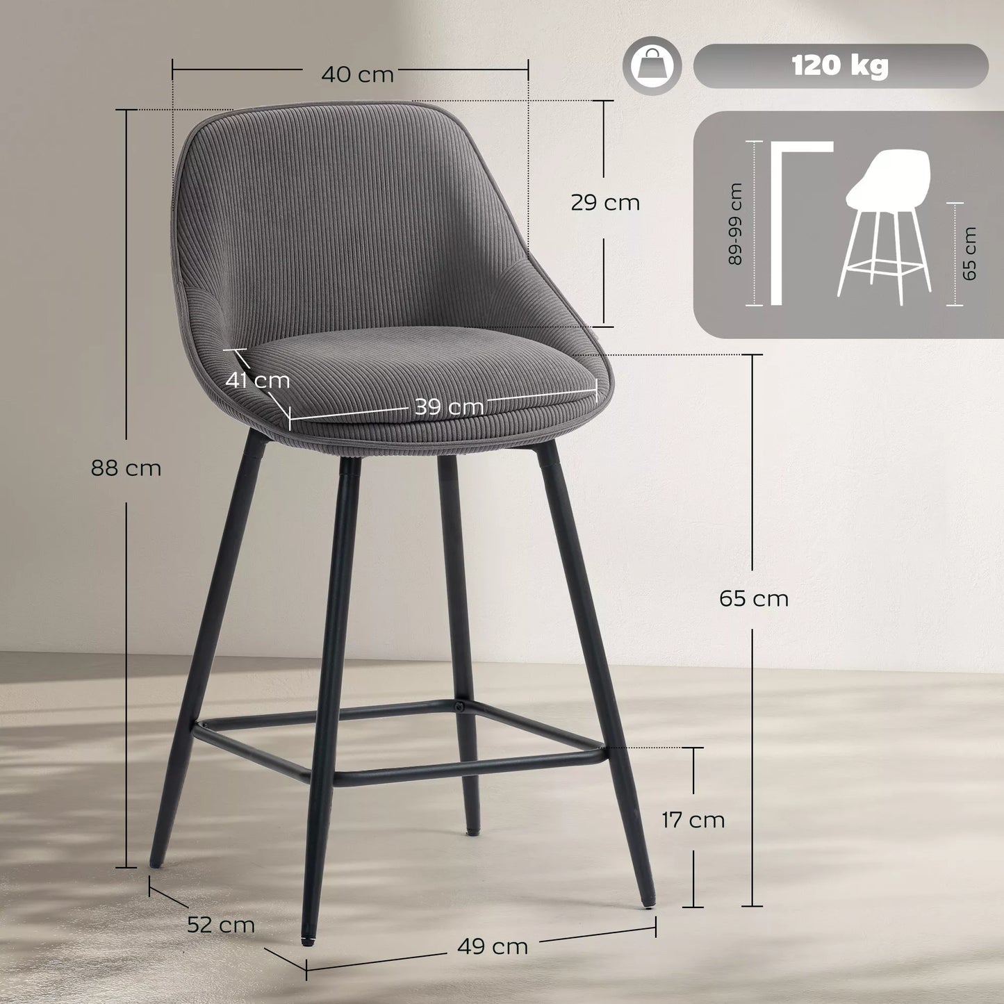 2 vnt. komplektas baro kėdžių su veliūro apmušalu ir plieninėmis kojelėmis, minkštos kėdės virtuvės salelėms, valgomajam, pilkos