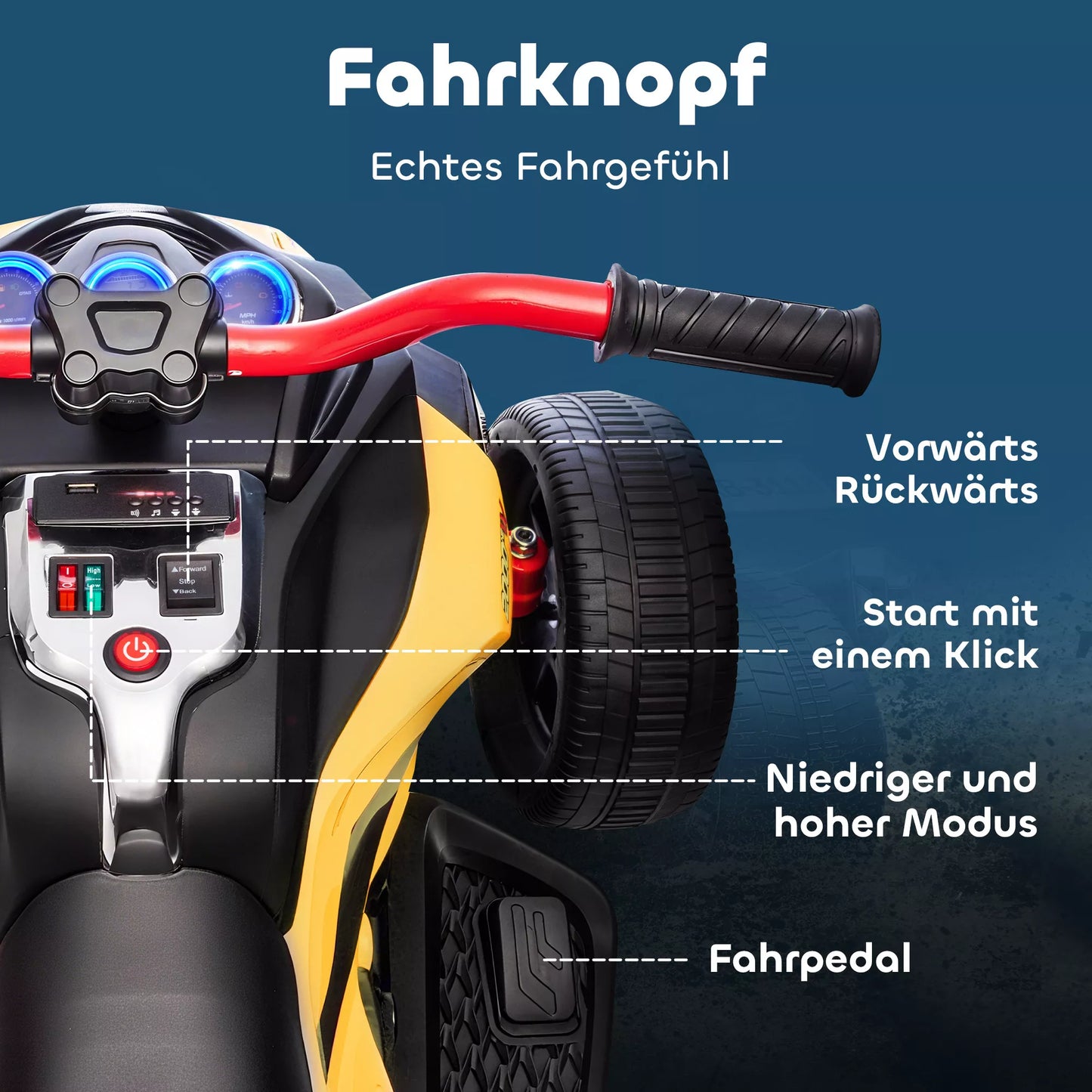 Elektrinis vaikų transporto priemonė, atvirkštinio triratuko dizainas, baterijinis maitinimas, MP3 grotuvas, signalinis ragelis, 2 greičiai, LED žibintai, 3–8 metai, geltona spalva