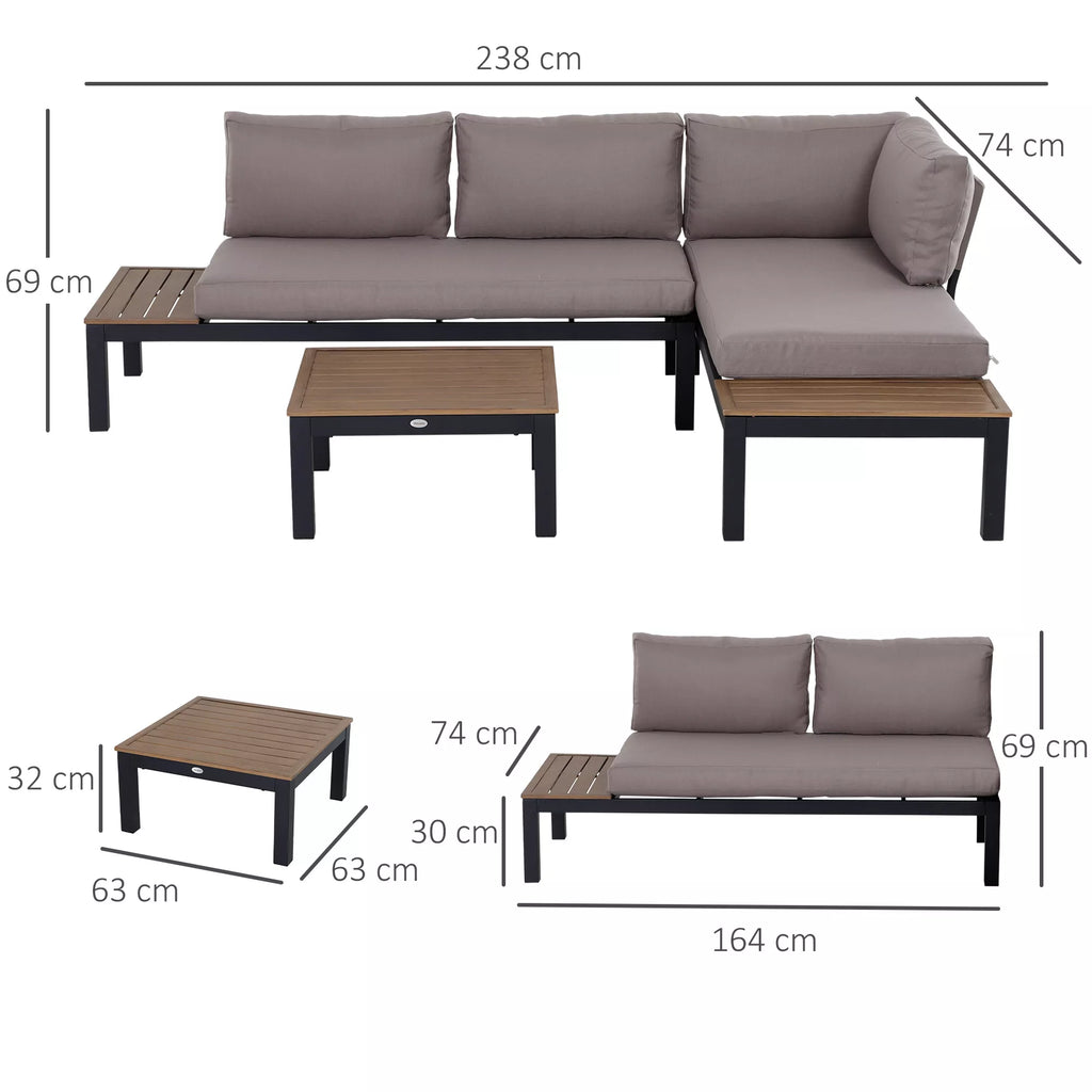 Sodo baldų komplektas 3 asmenims su pagalbiniu staliuku, sofa su pagalvėlėmis, skirtas lauke naudoti, pagamintas iš aliuminio, 164 x 74 x 69 cm