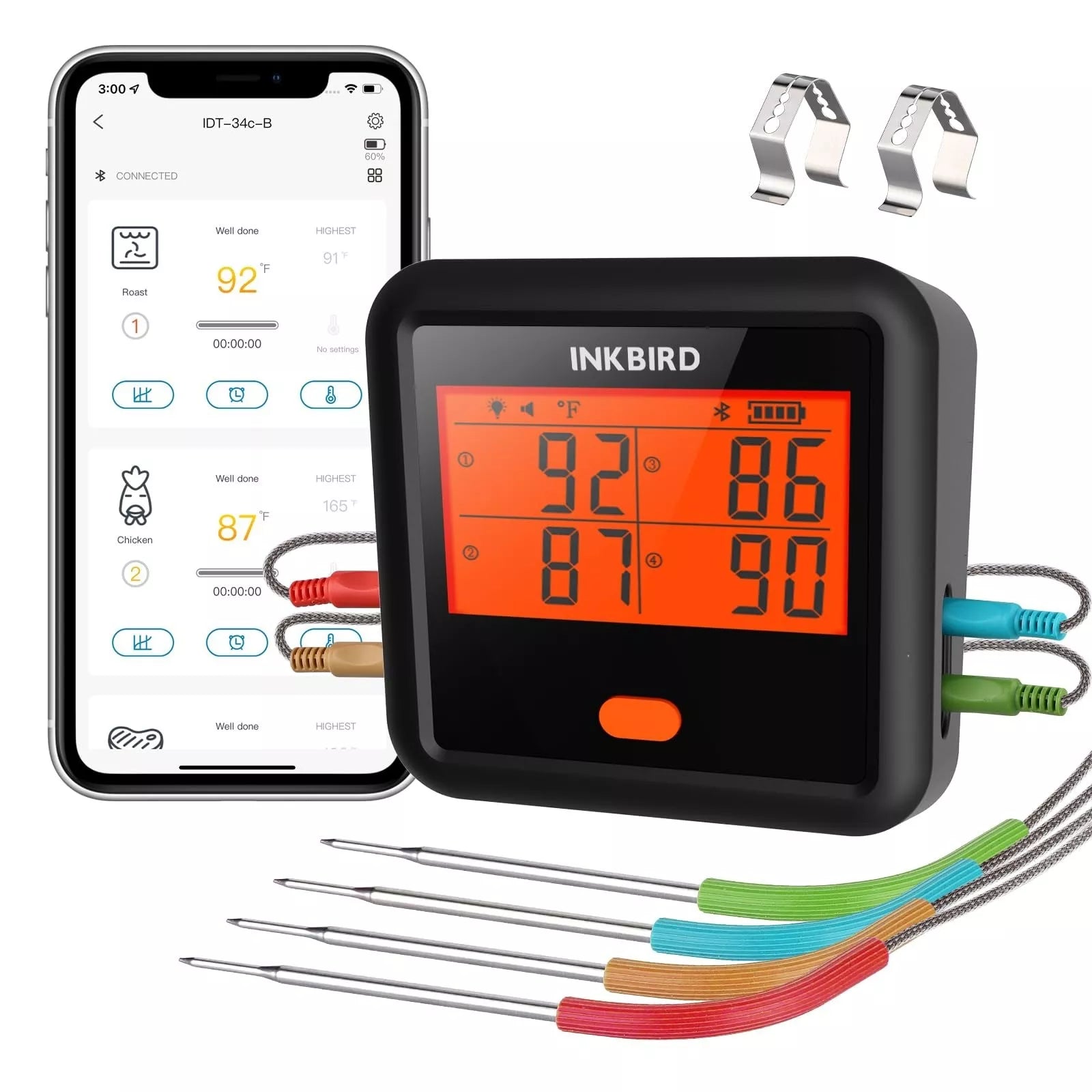 Išmanusis maisto termometras INKBIRD IDT-34c-B su 4 zondais, Bluetooth kepsninės termometras su programėle, 80 m nuotolis, juoda