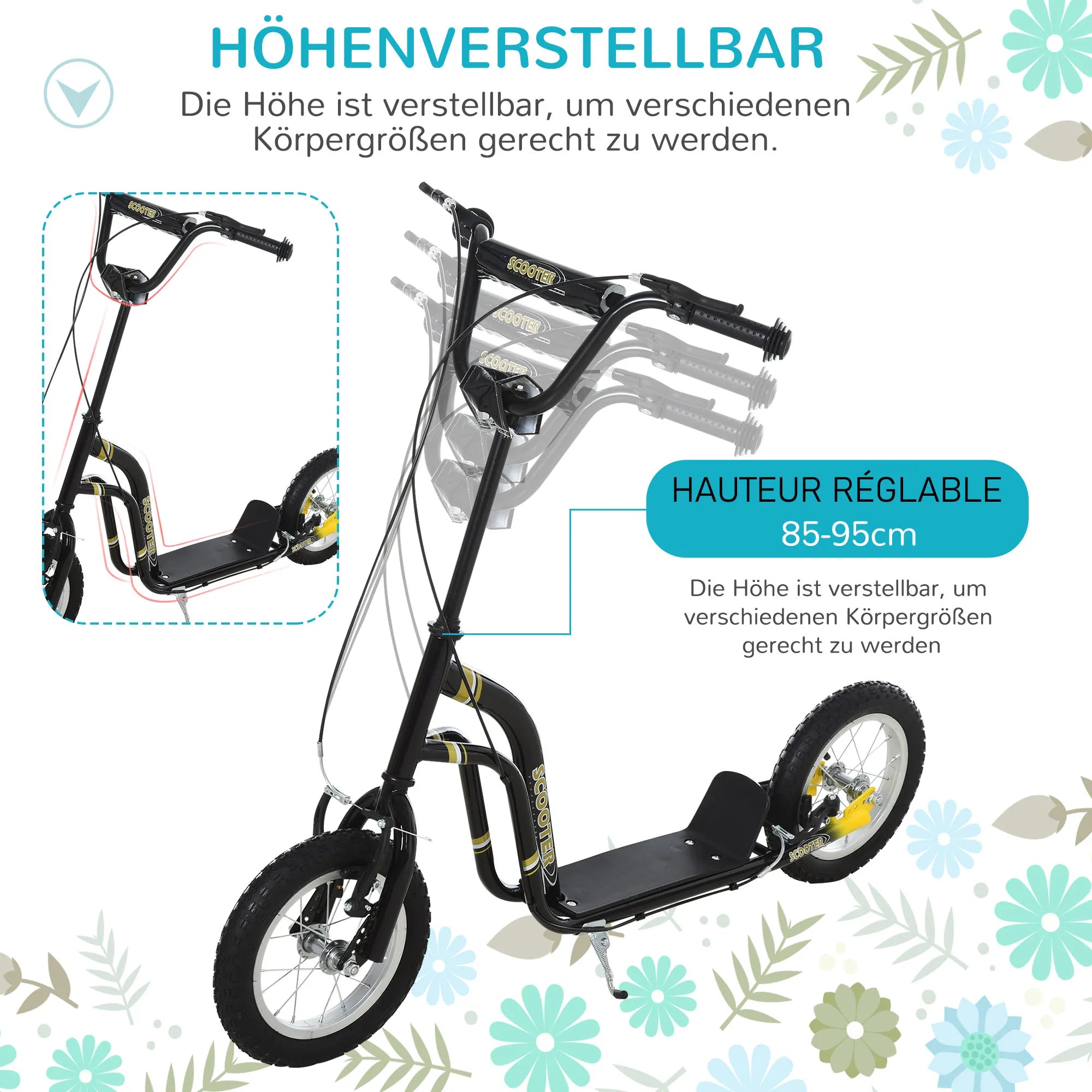 Vaikų paspirtukai nuo 5 metų Scooter Vaikų paspirtukai Paspirtukai Miesto paspirtukai Vaikų paspirtukai Kickboard su pneumatinėmis padangomis 12 colių Guma Aliuminis Juodas 120 x 58 x 85-95 cm