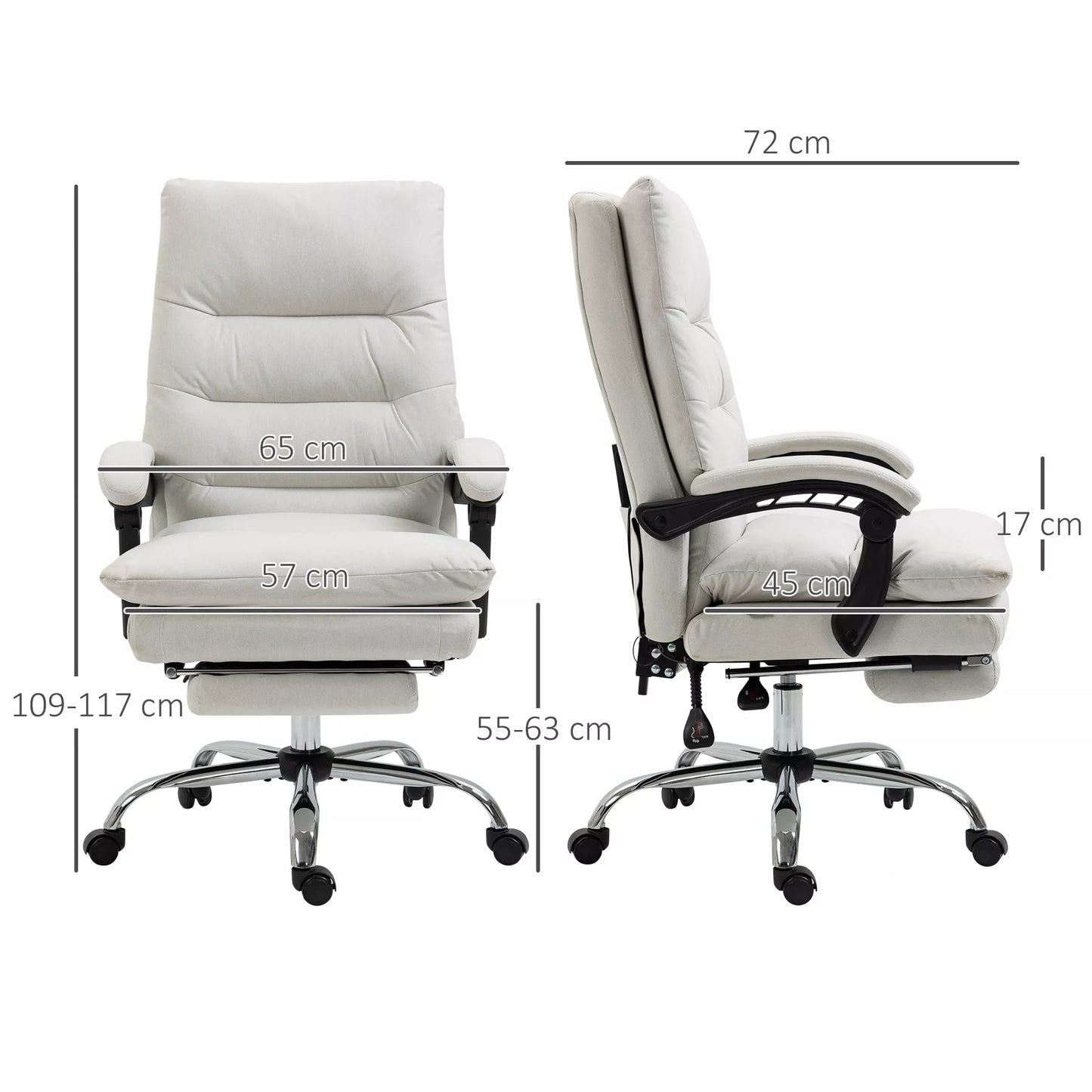 Biuro kėdė su masažo funkcija, šildoma, atlošiama, dirbtinė oda, 65x72x109-117cm, kreminės baltos spalvos