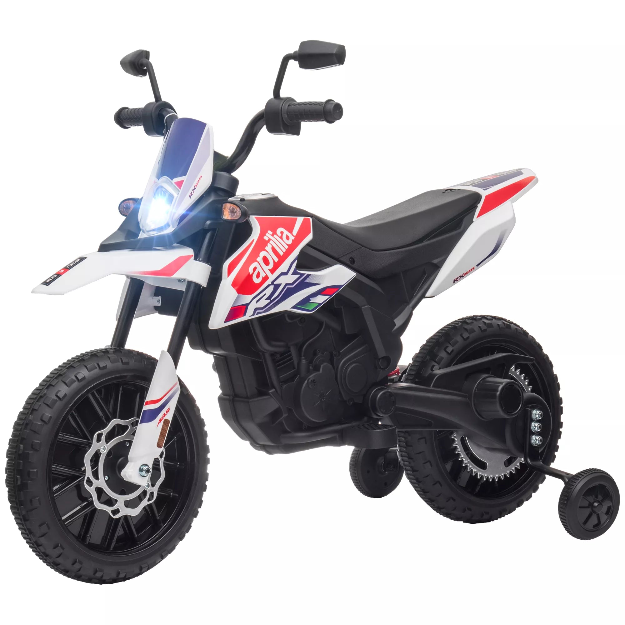 12 V vaikų motociklas su pagalbiniais ratais, LED žibintais, muzika, USB, elektrinis motociklas berniukams ir mergaitėms, baltas