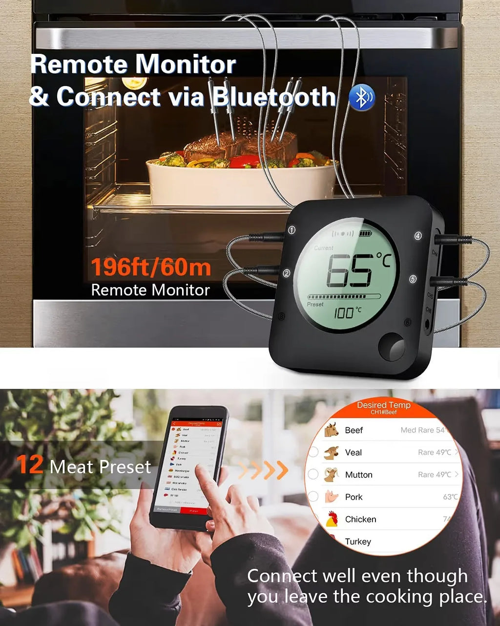 Belaidis mėsos termometras BFOUR Bluetooth, su 6 zondais, LCD ekranu
