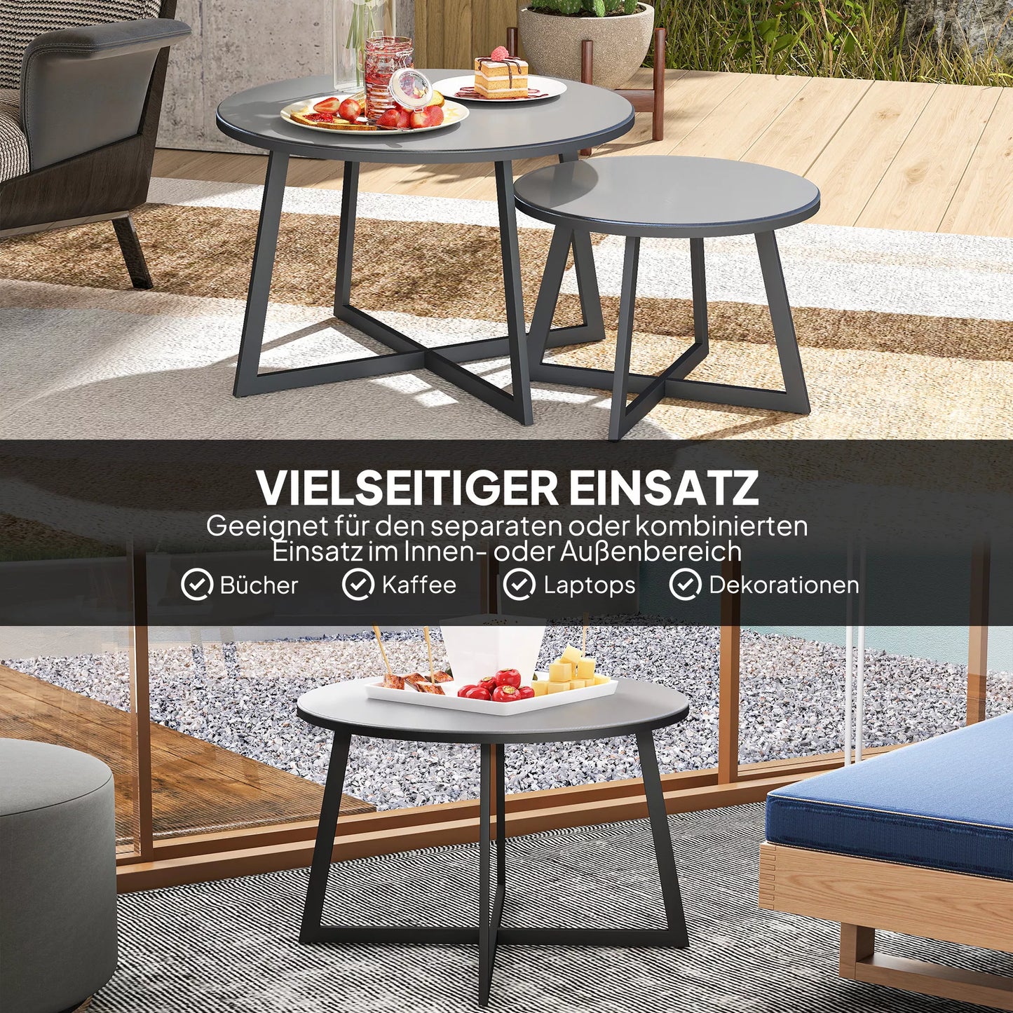 2 vnt. rinkinys Staliukas, sukraunamas Sodo stalas Apvalus, atsparus atmosferos poveikiui Balkono stalas su X formos kojomis Stiklo stalviršis Plienas Juodas + pilkas