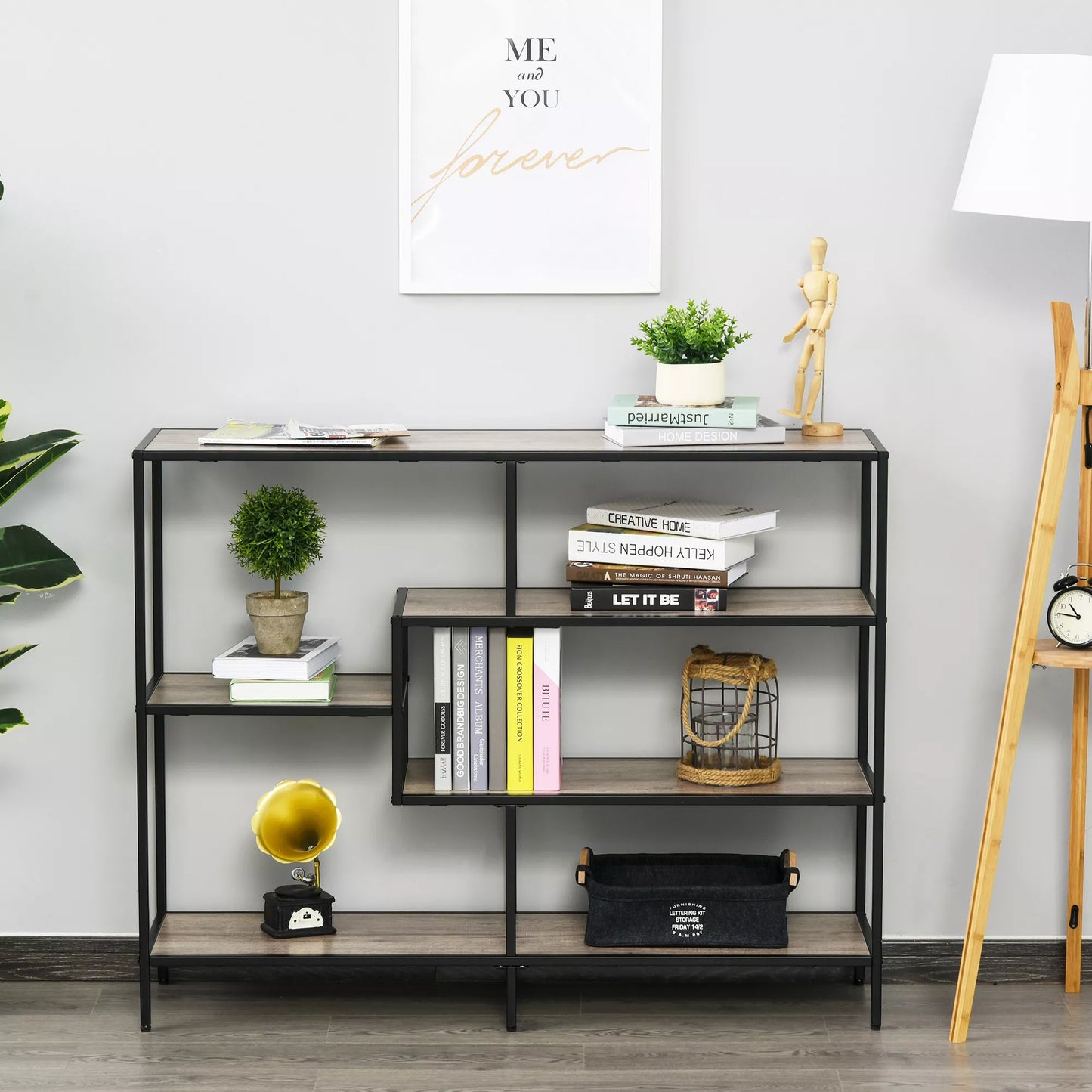 Stovas, knygų lentyna, sandėlio lentyna, pramoninio stiliaus, dokumentų lentyna, virtuvės lentyna, P2 medžio drožlių plokštė, metalas, juoda + šviesus ąžuolas, 120 x 32 x 95 cm
