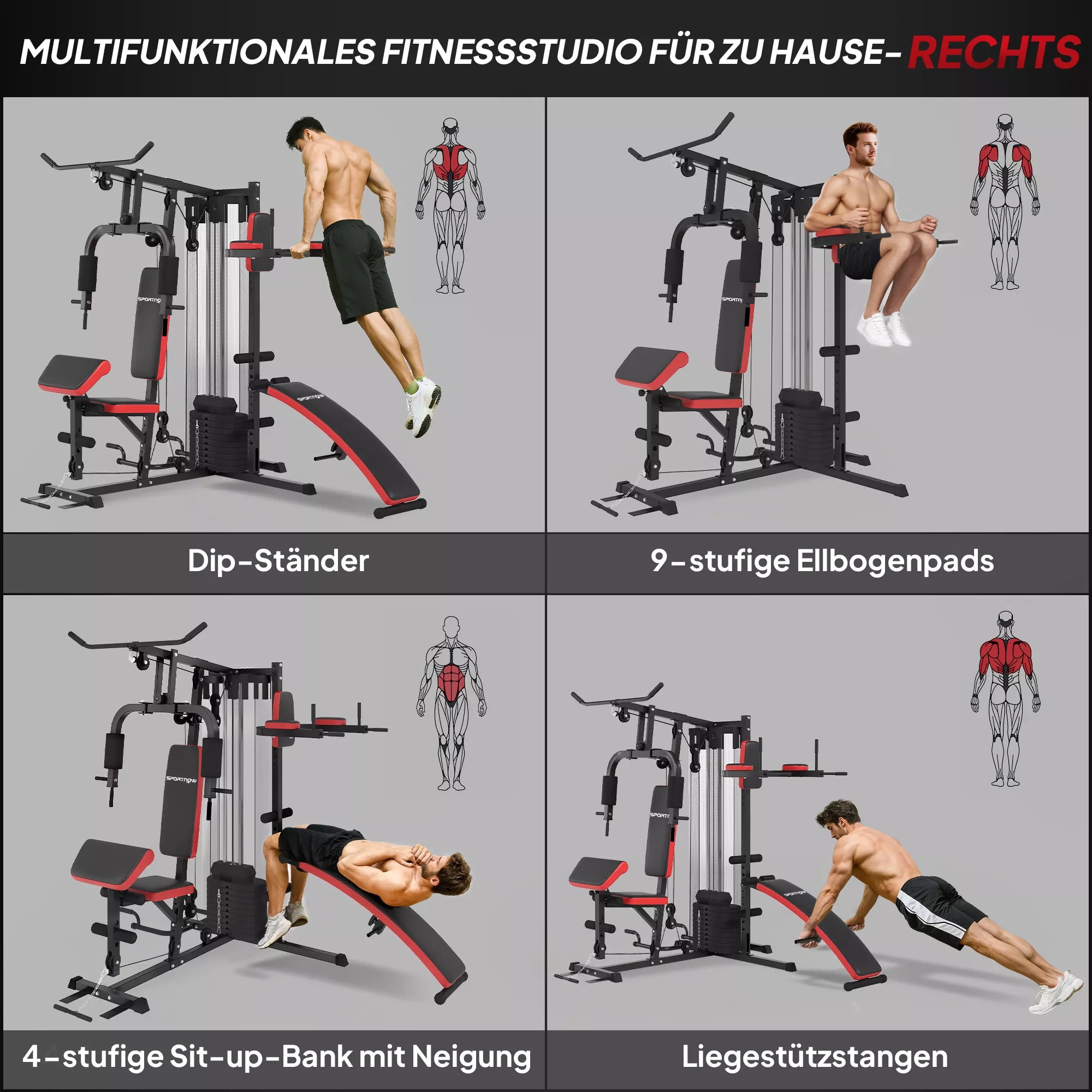 Daugiafunkcinė treniruoklių stotis su 65 kg svorio bloku, reguliuojama, namų treniruotėms, plienas, dirbtinė oda