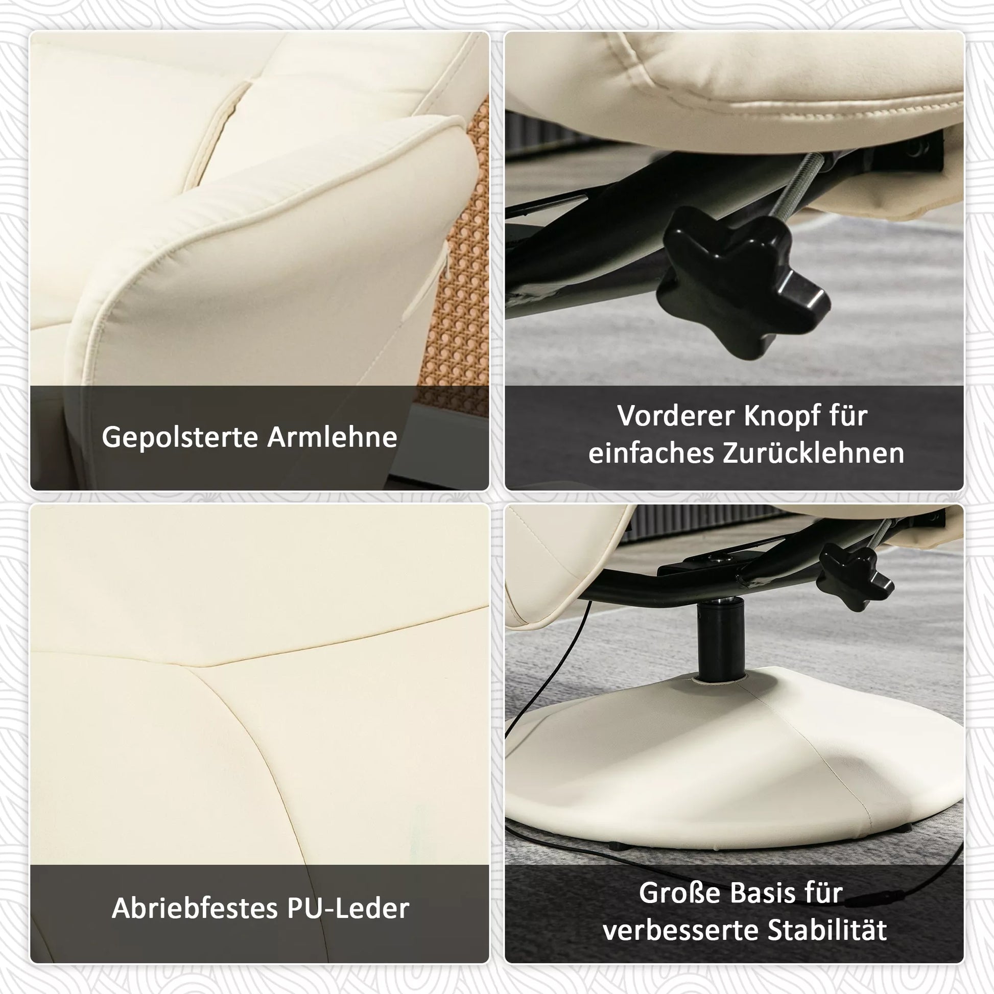 Atlojamas krėslas su pėdų atrama, Ergonominis krėslas su 10 vibracijos taškų, dirbtinė oda, 76 x 81 x 105 cm, kreminės baltos spalvos