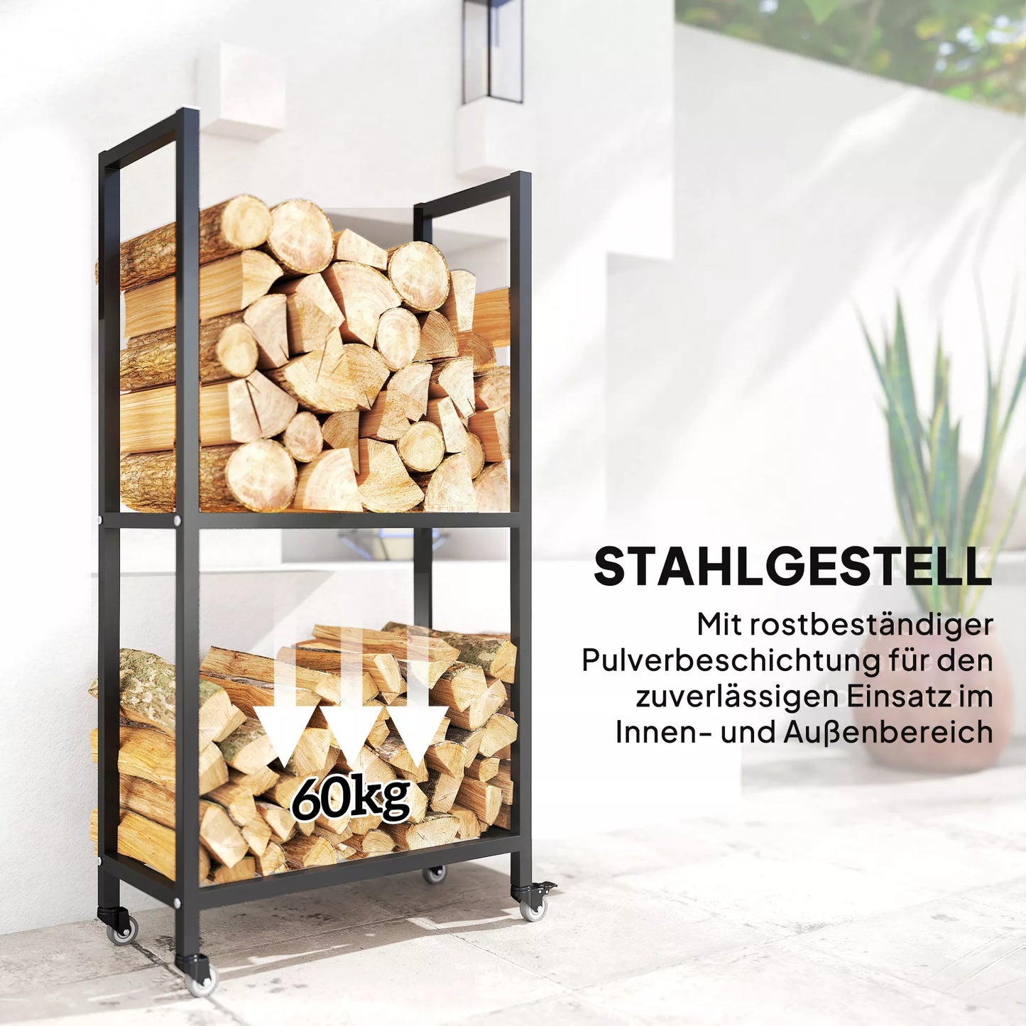 Vidinė malkinė plieninė 60 x 30 x 119cm 2 lentynų malkų laikiklis su ratuku juoda