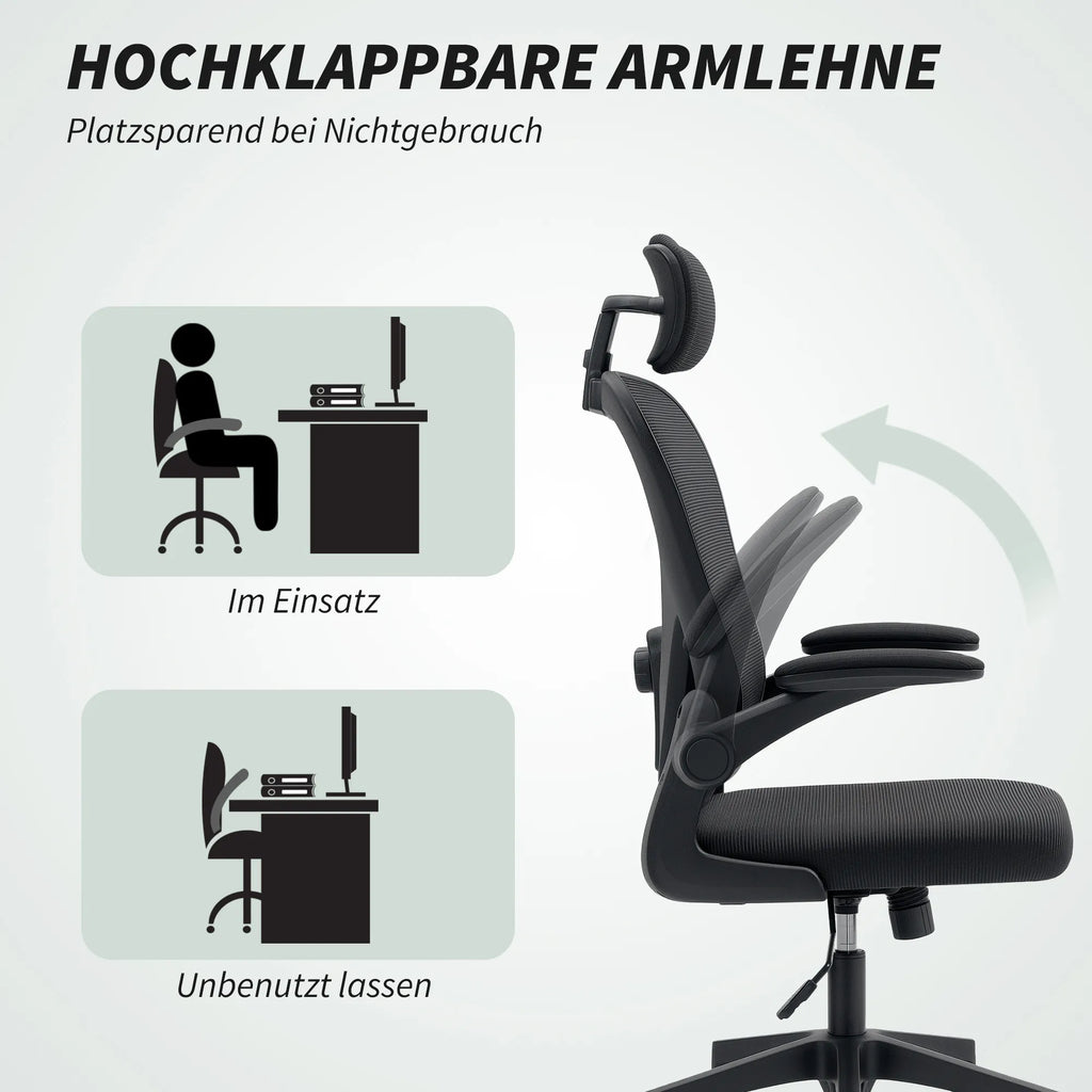 Biuro kėdė Ergonomiška biuro kėdė su atlenkiamais porankiais, reguliuojama juosmens atrama Juoda
