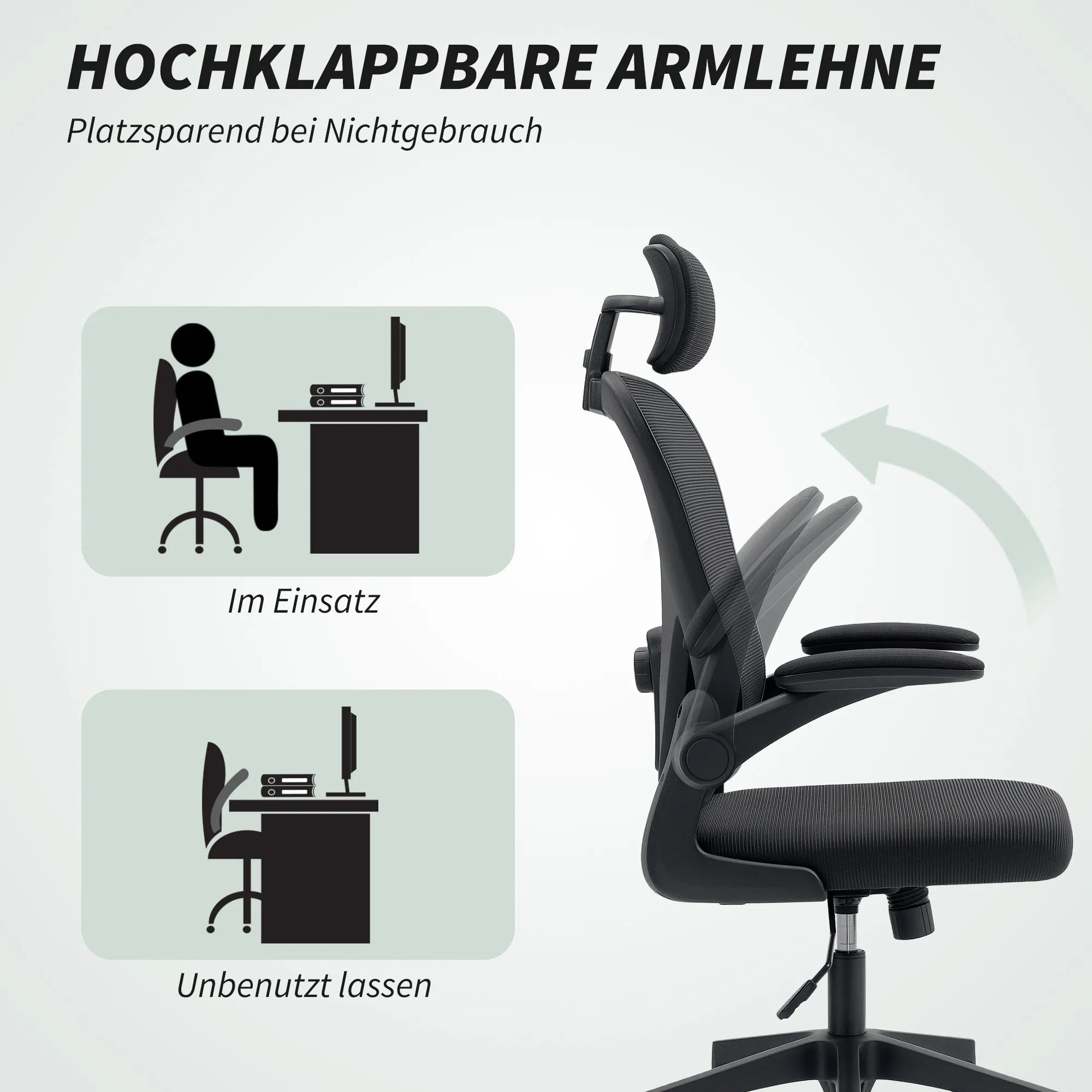 Biuro kėdė Ergonomiška biuro kėdė su atlenkiamais porankiais, reguliuojama juosmens atrama Juoda
